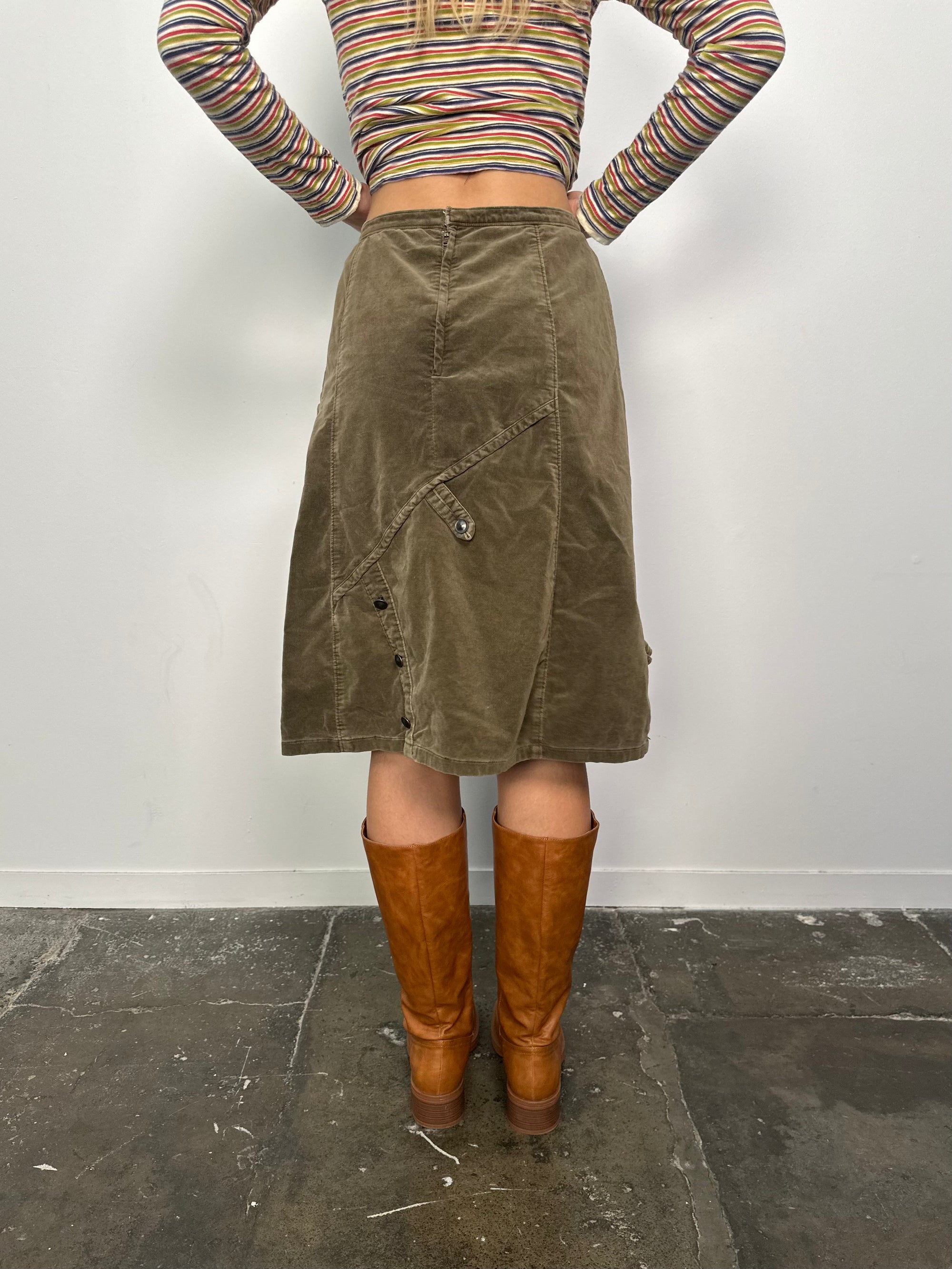 Khaki Green Velour Midi Skirt - Size S