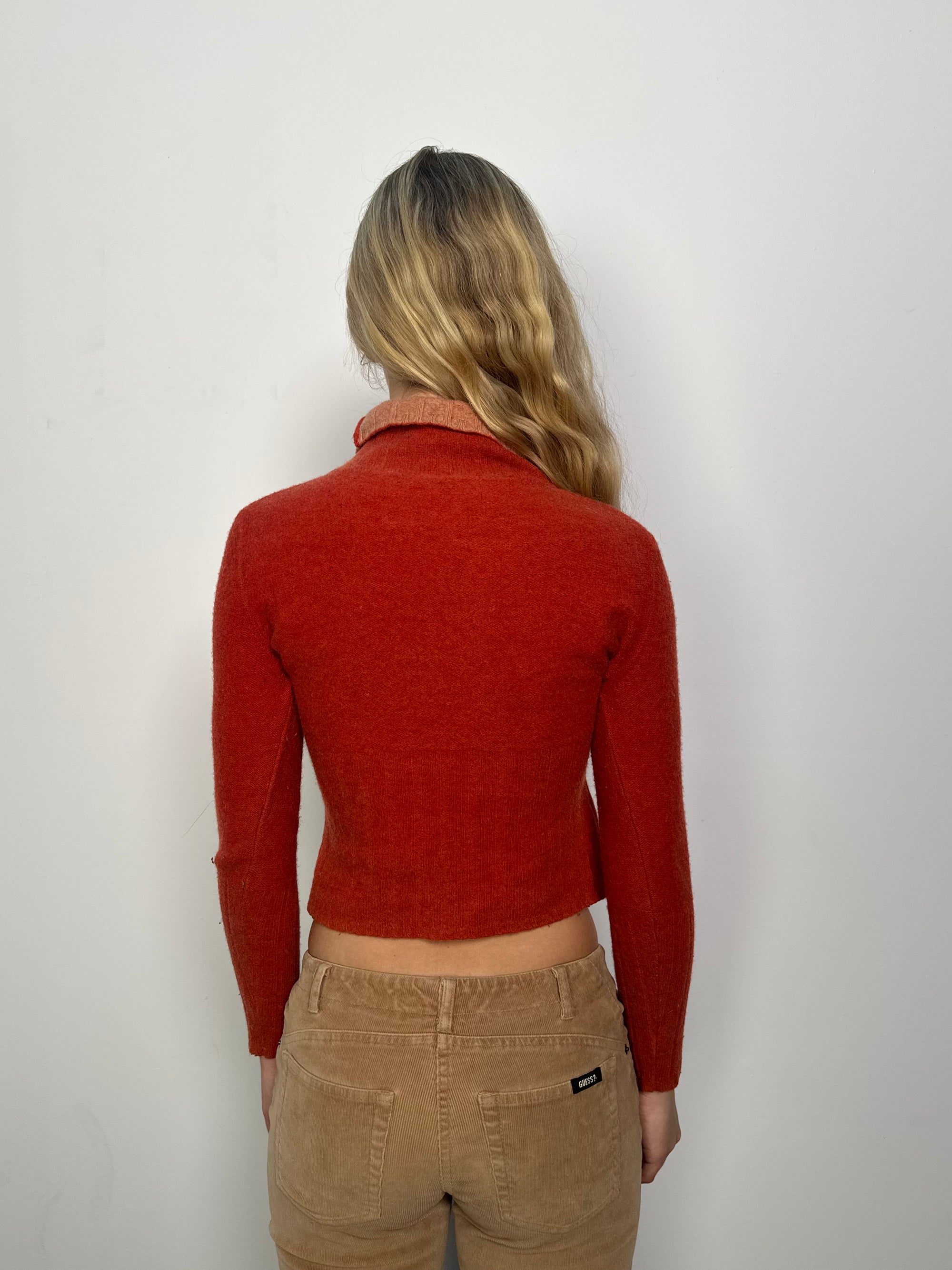 Rust Flower Design Knitted Wool Turtleneck - Size XS