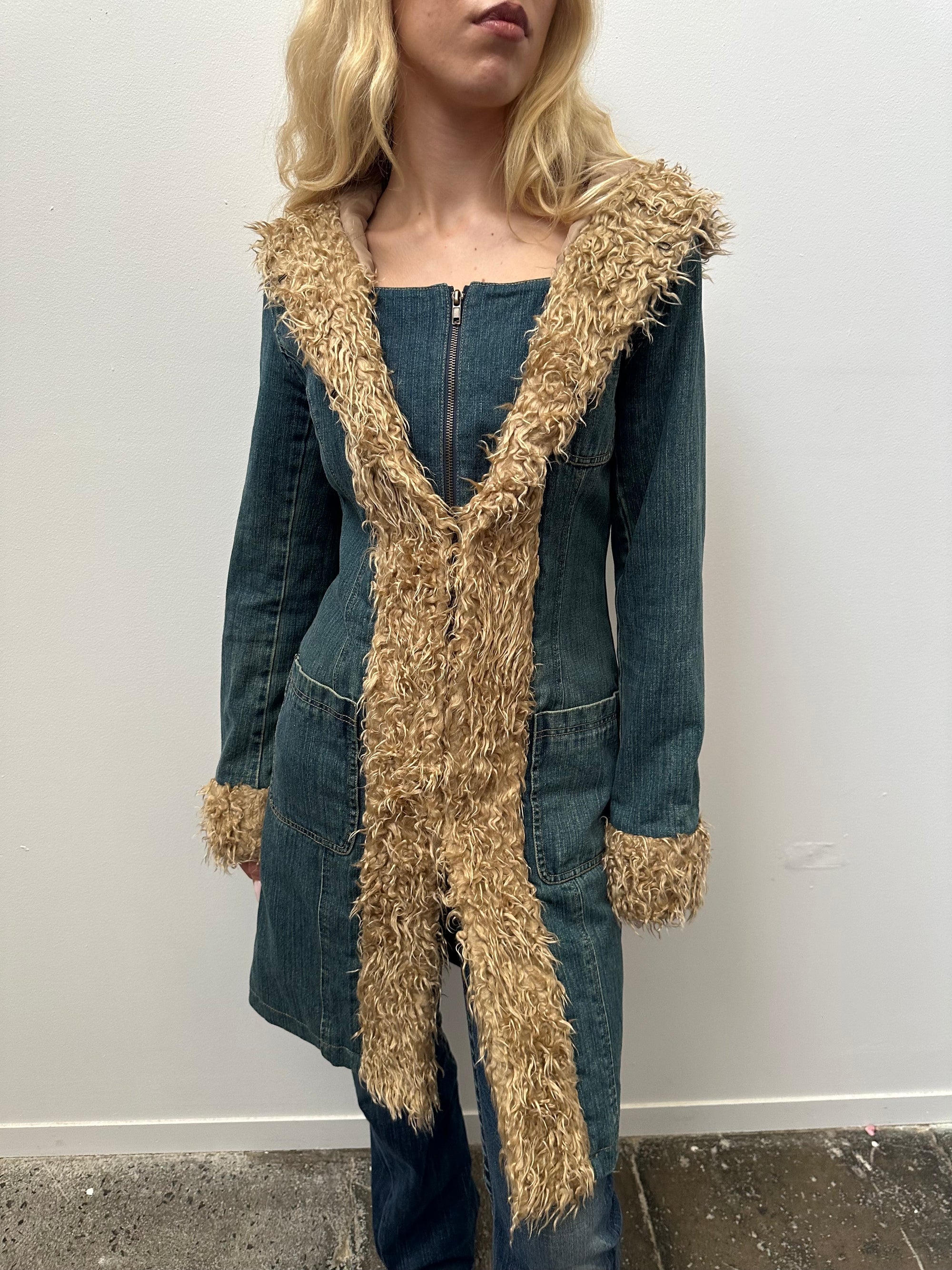 Denim Faux Fur Trimmed Hooded Jacket - Size S
