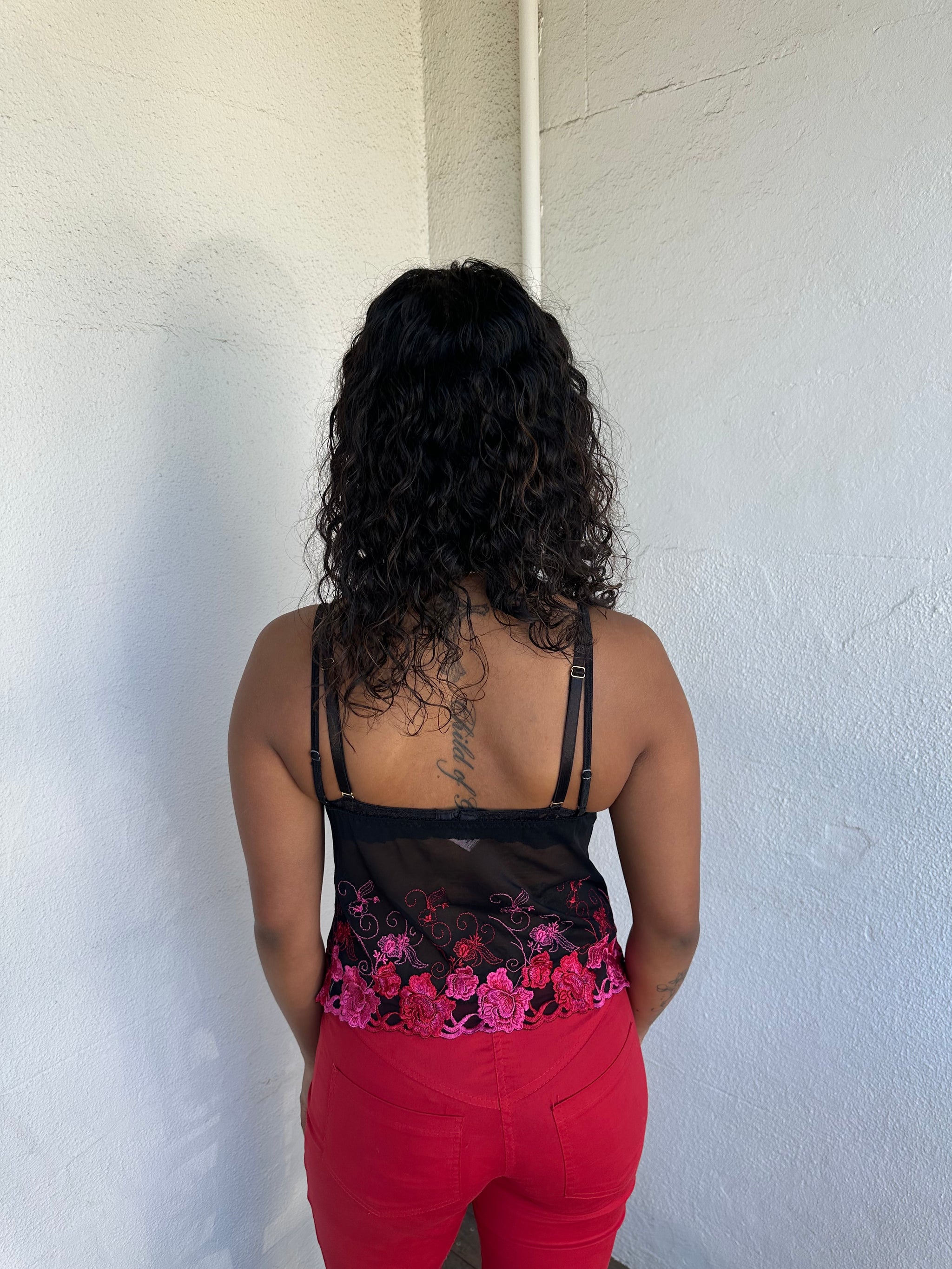 Red & Pink Embroidered Mesh Cami - Size S