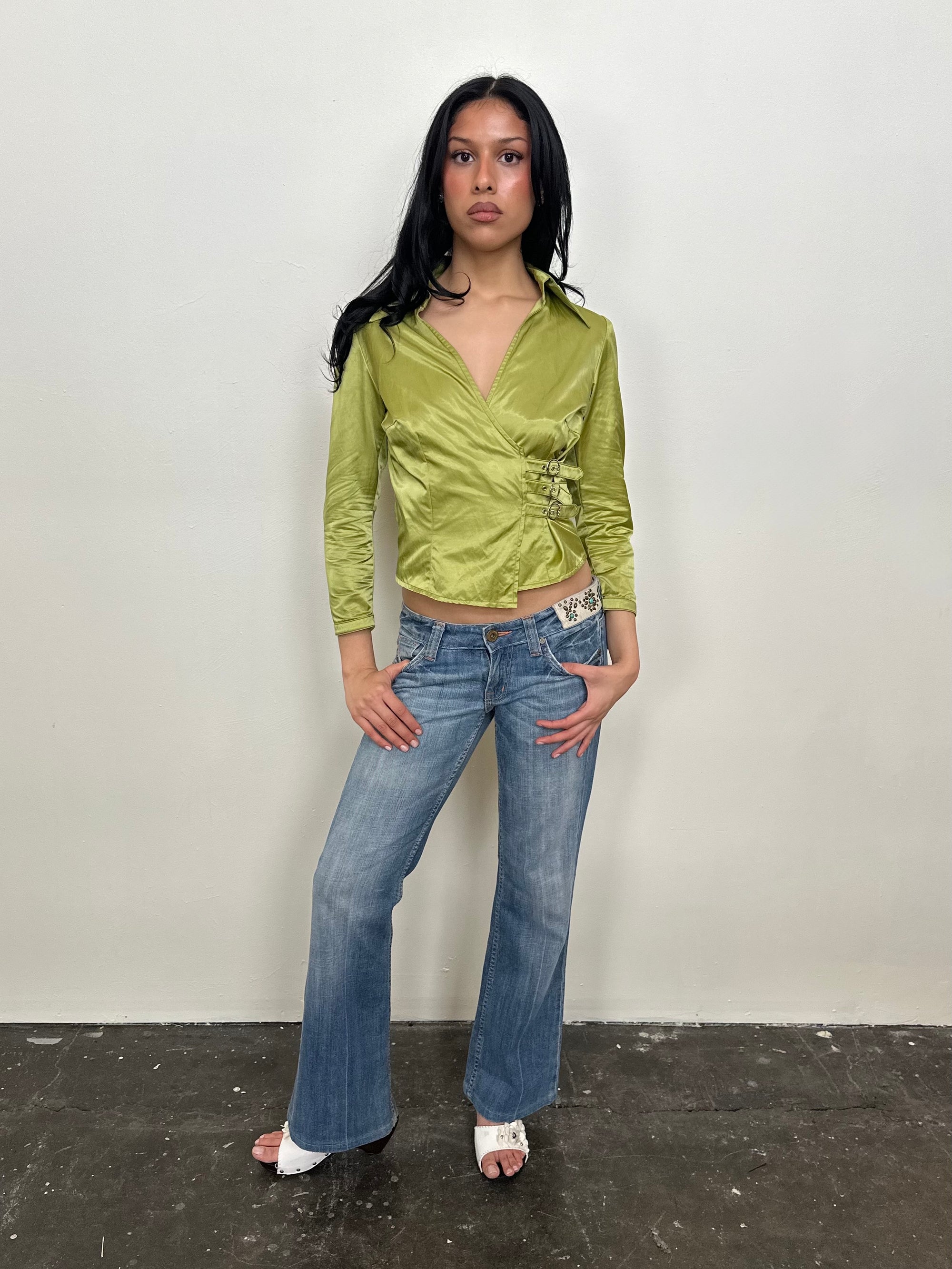 Lime Green Satin Wrap Shirt - Size M