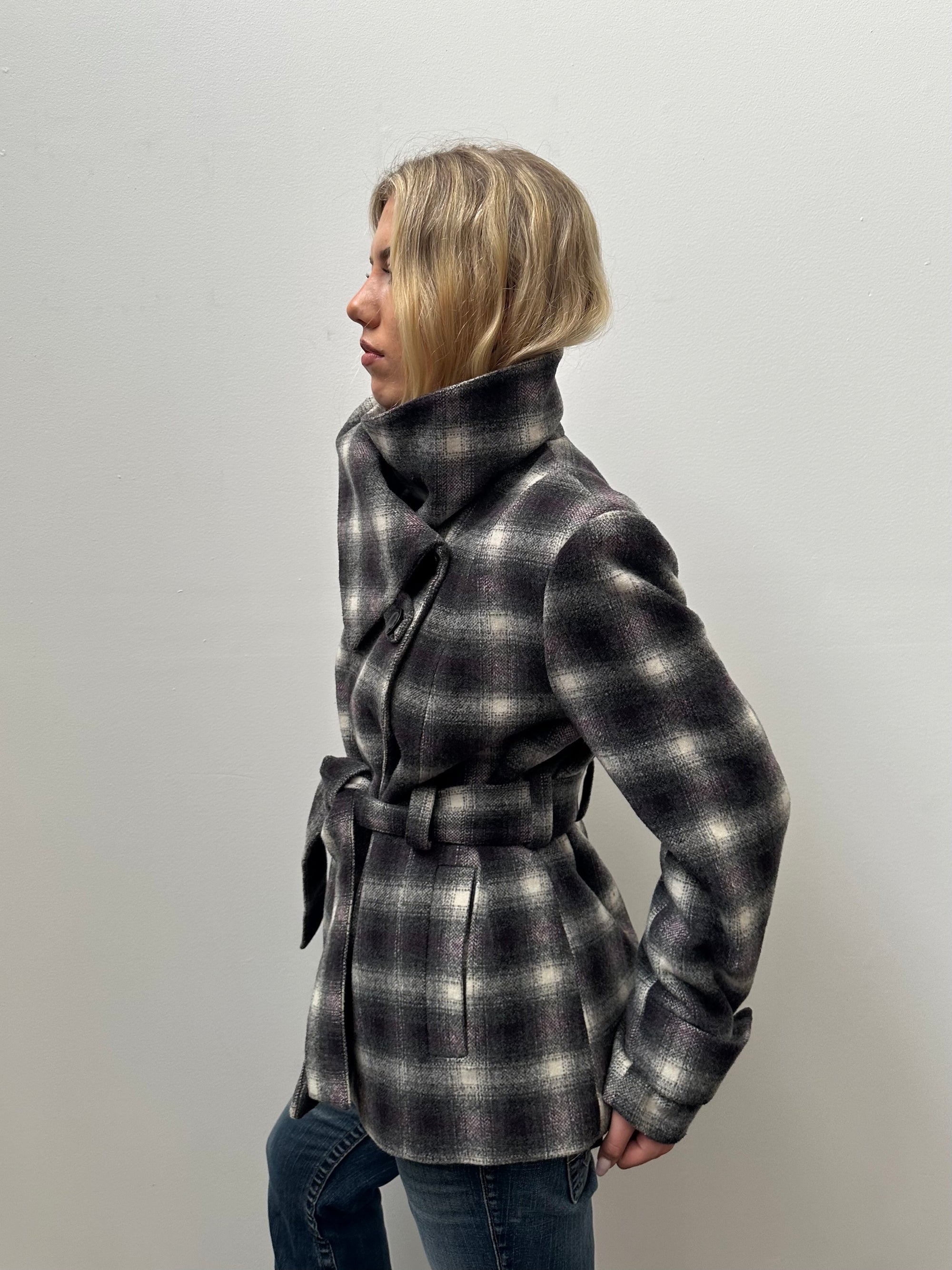Purple & Black Tartan Funnel Neck Jacket - Size L