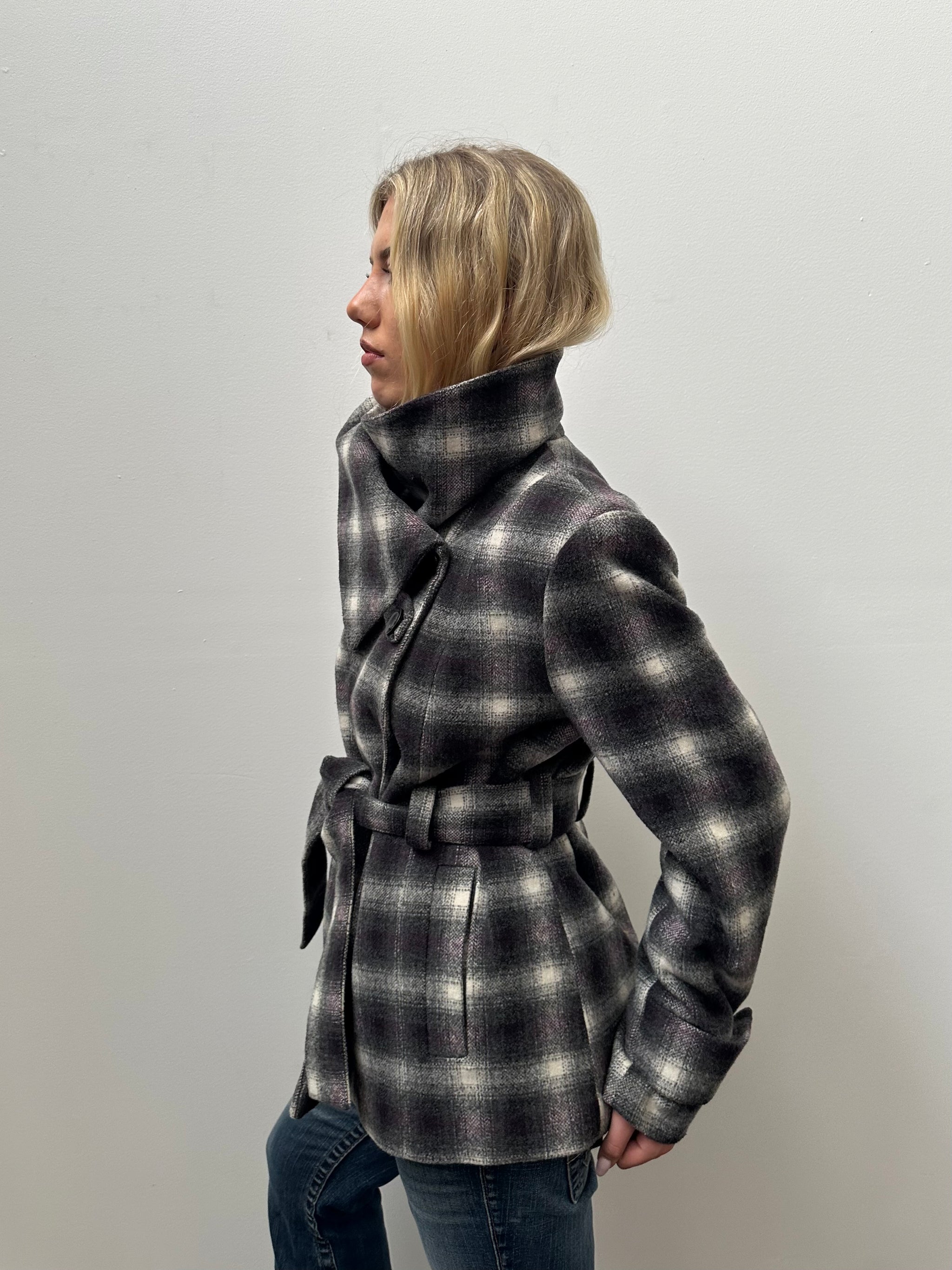 Purple & Black Tartan Funnel Neck Jacket - Size L