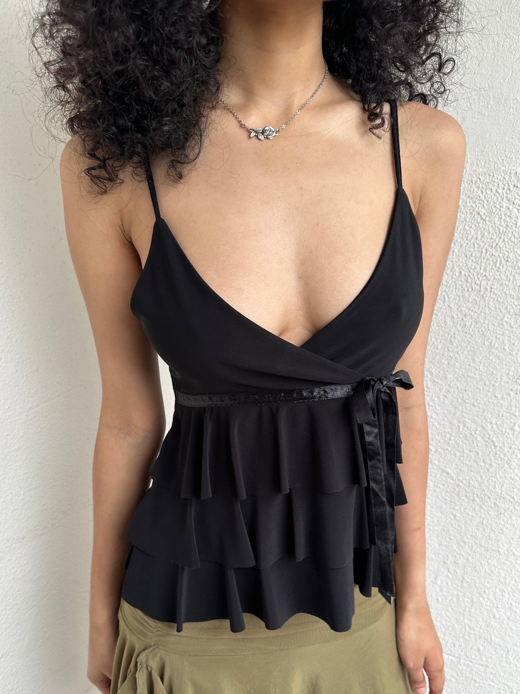 Black Y2K Ruffle Layered Cami - Size S