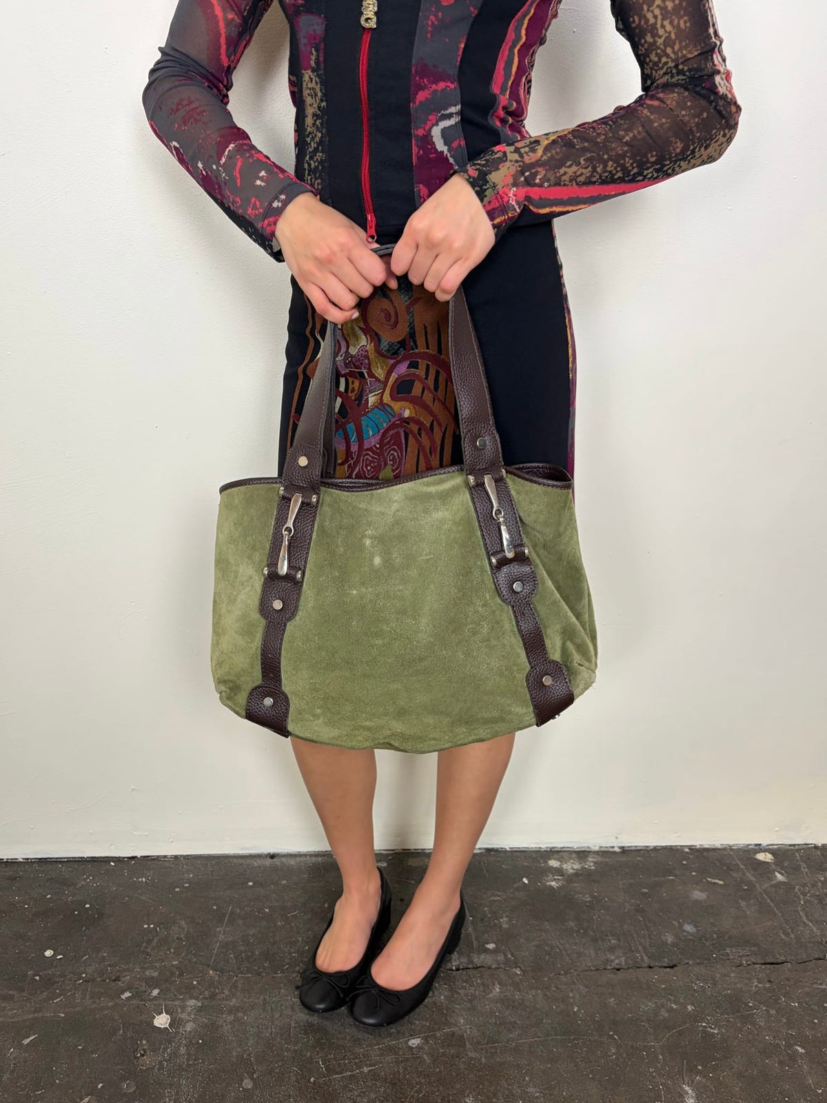 Green Suede & Brown Leather Tote Bag