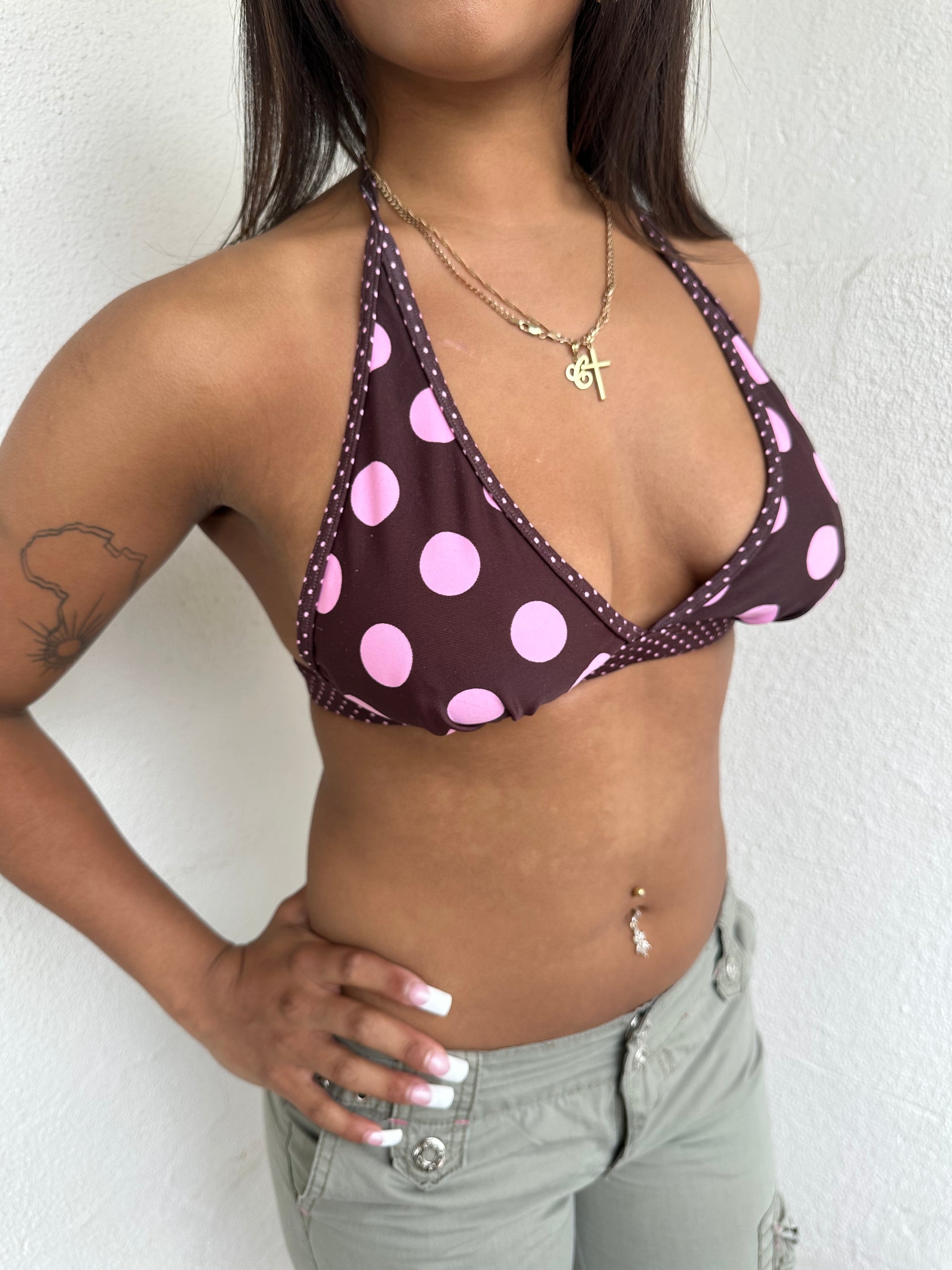 Brown & Pink Polkadot Bikini Top