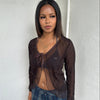 Sheer Brown Tie Front Long Sleeve Top