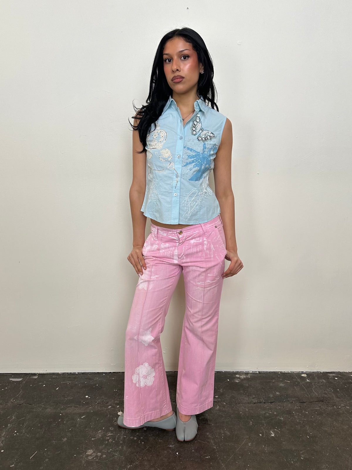 Deadstock Baby Blue Beaded Sleeveless Shirt - Size S