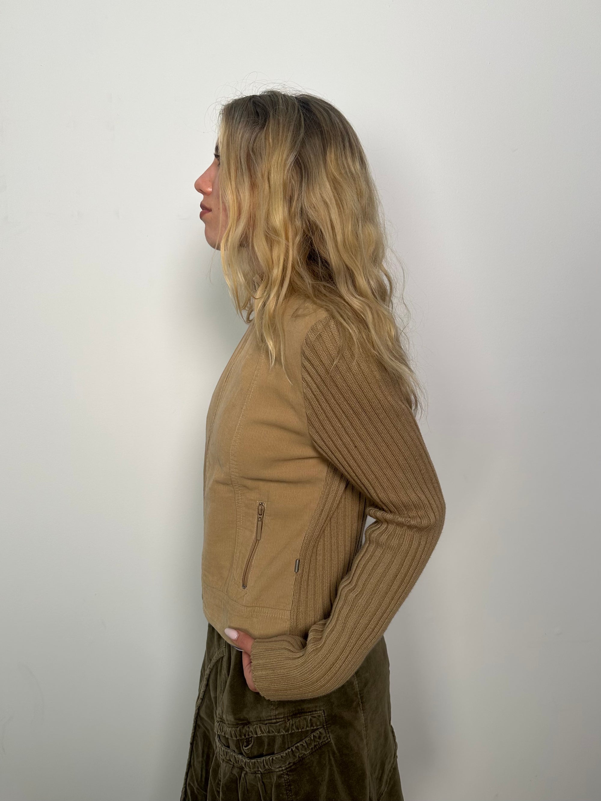 Tan Corduroy Ribbed Knitted Zip Up - Size L
