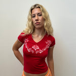 Red & White Patterned Vneck T-Shirt - Size S