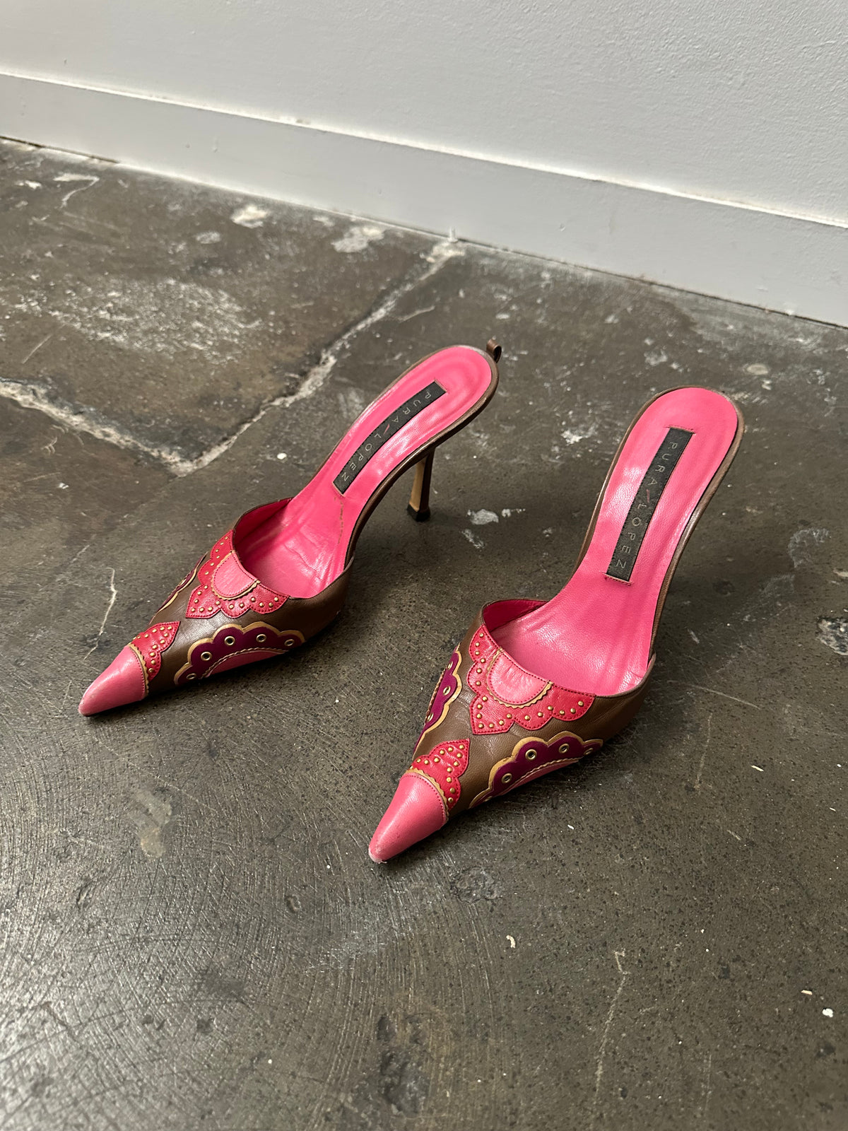 Pink & Brown Embossed Pattern Leather Kitten Heels - Size EU 36