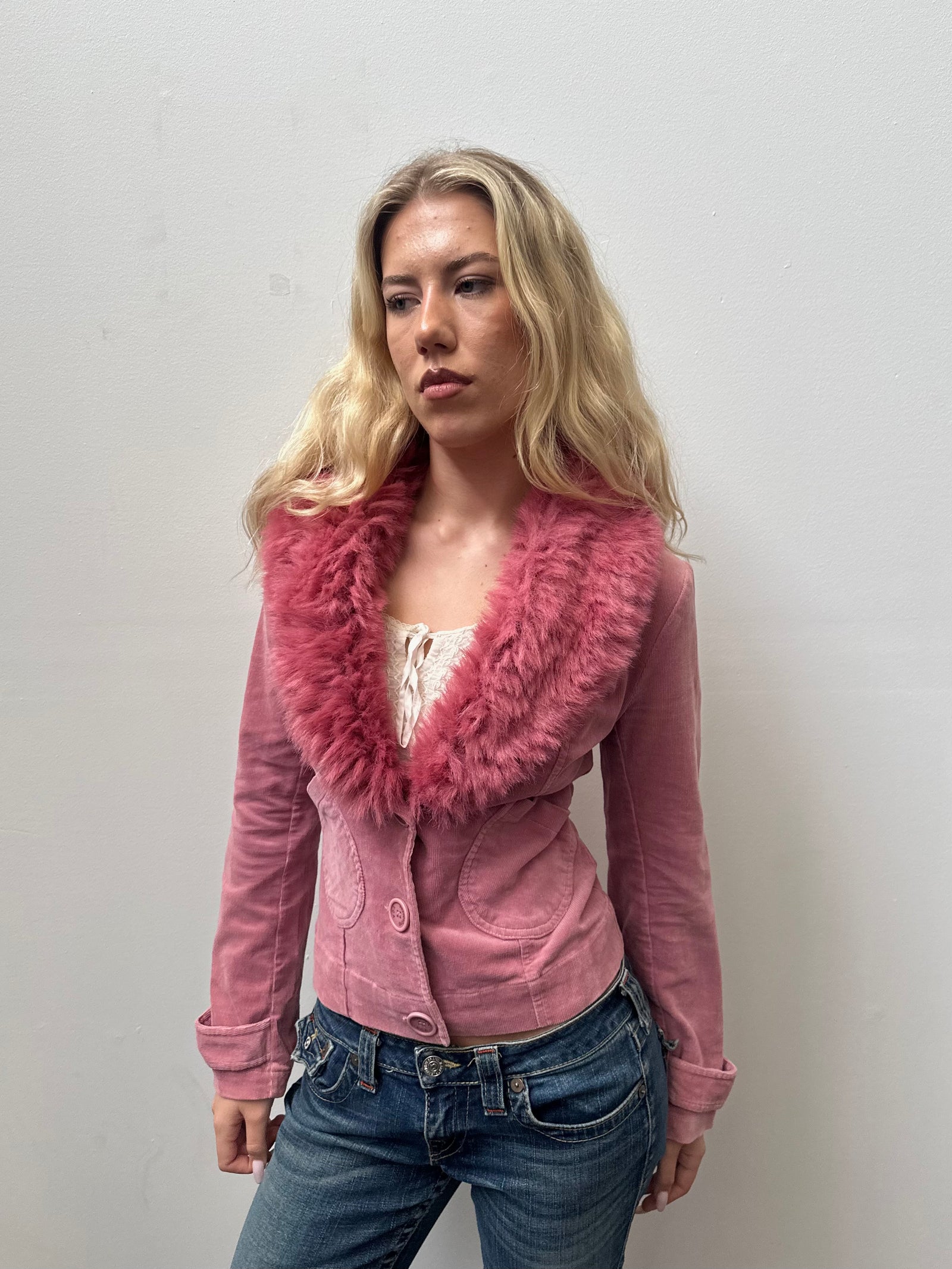 Pink Faux Fur Corduroy Jacket - Size S