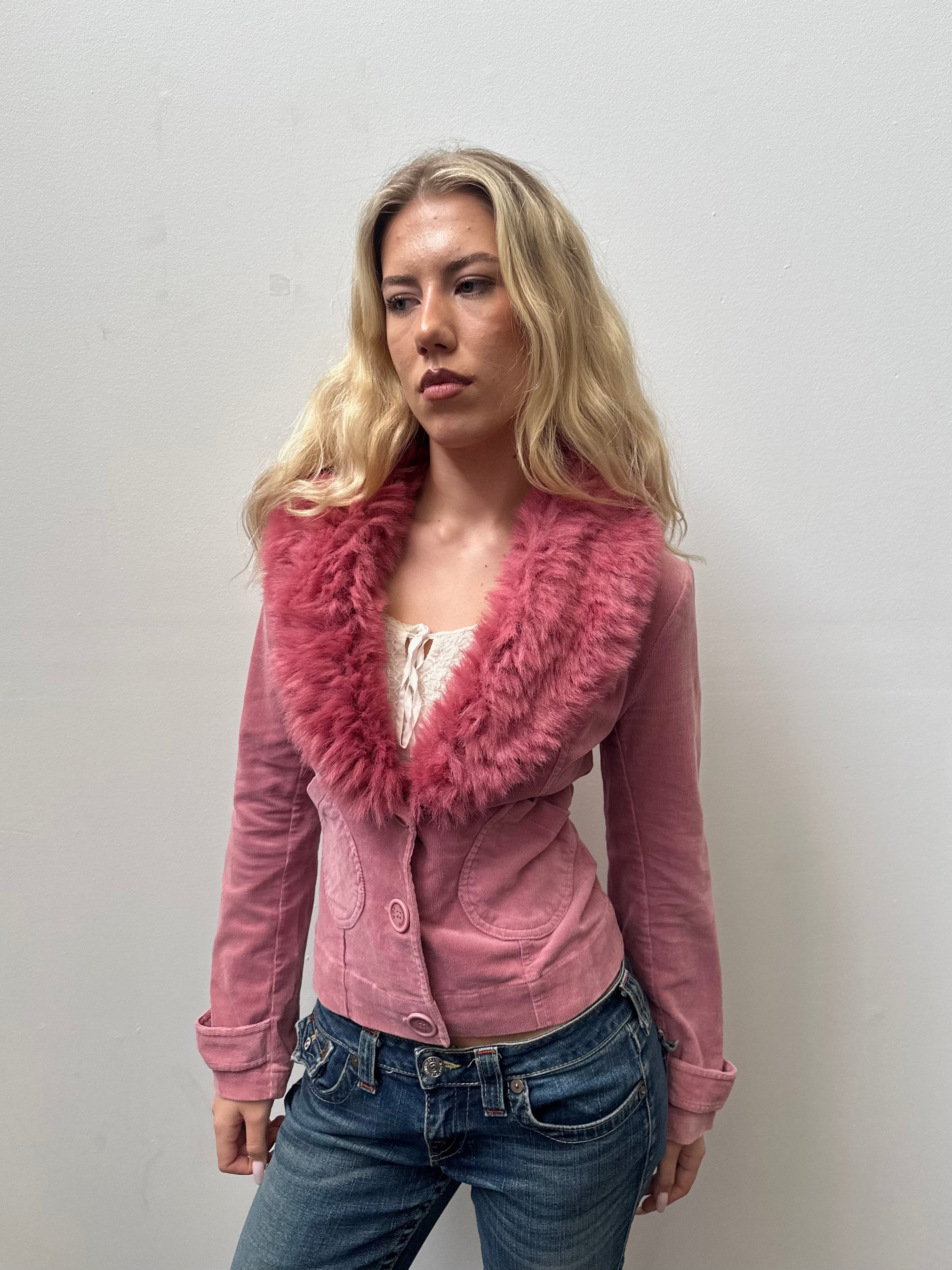 Pink Faux Fur Corduroy Jacket - Size S