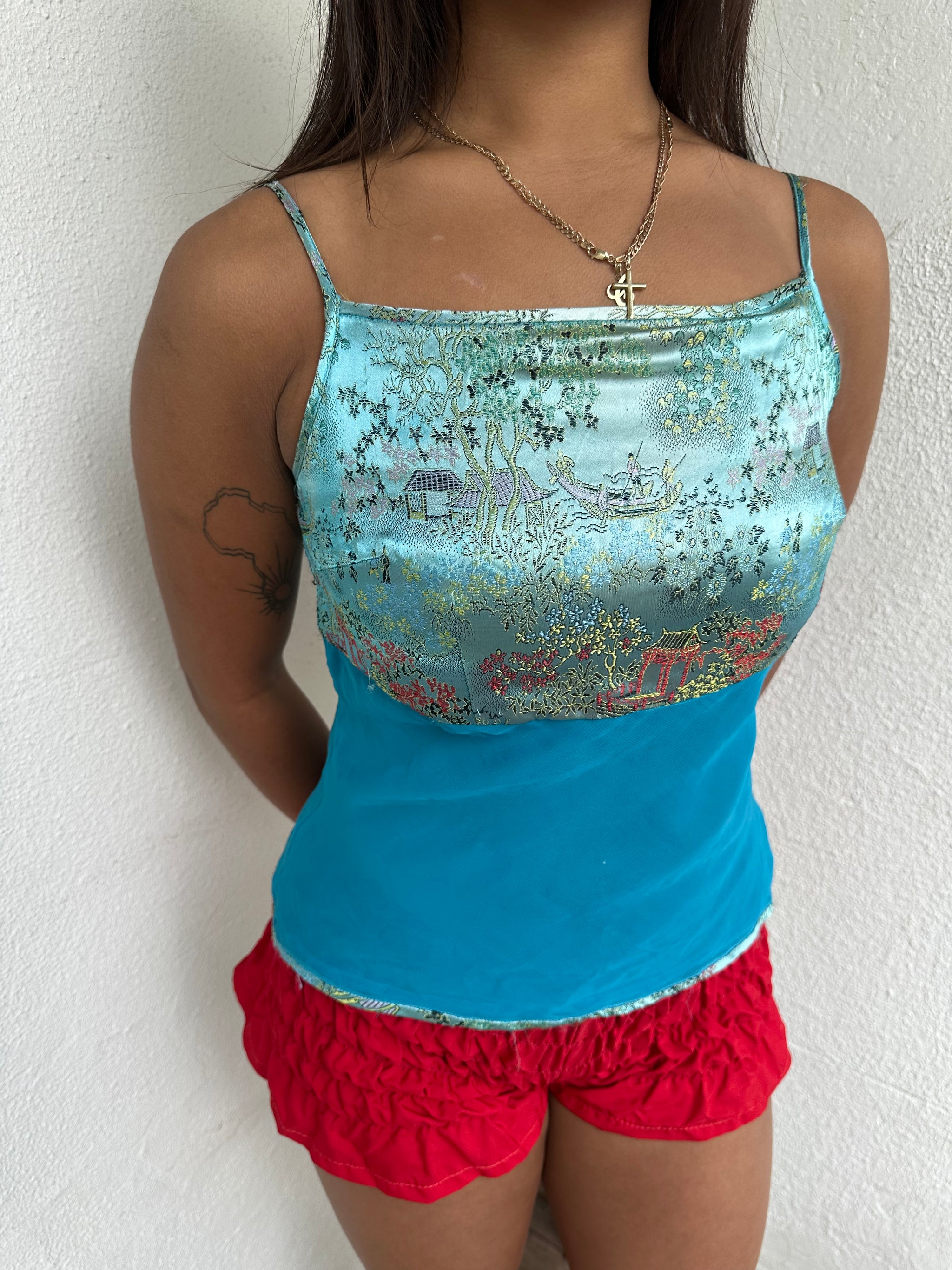 Turquoise Patterned Satin Cami Top