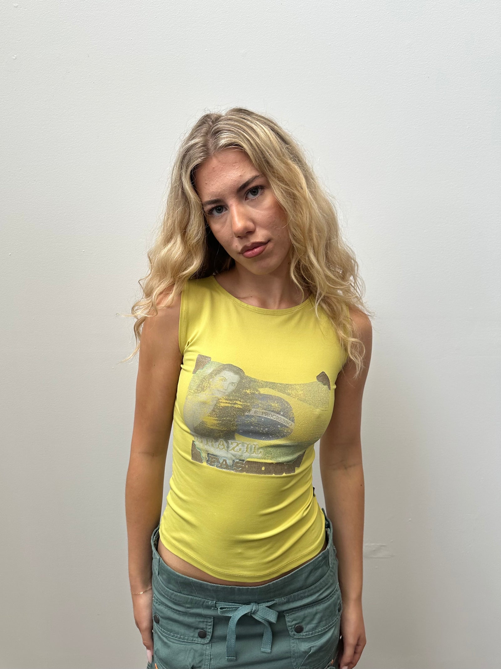 Y2K Brazil Print Chartreuse Tank Top - Size S