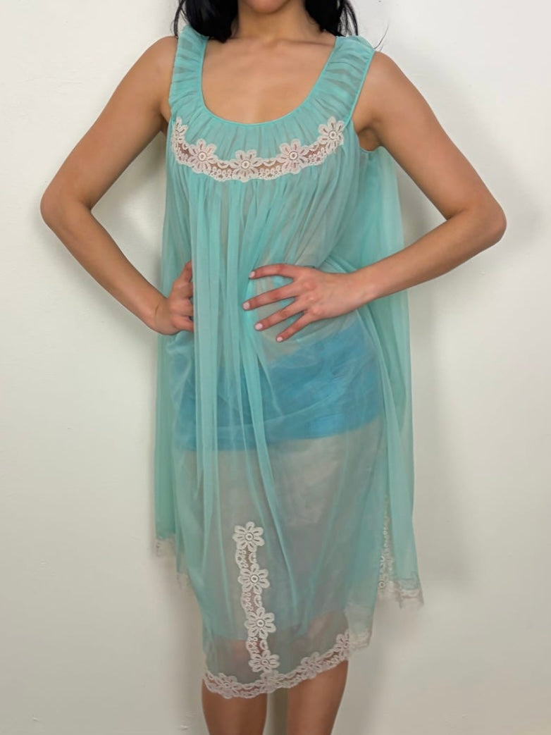 Turquoise Mesh & Cream Laze Sheer Dress - Size M