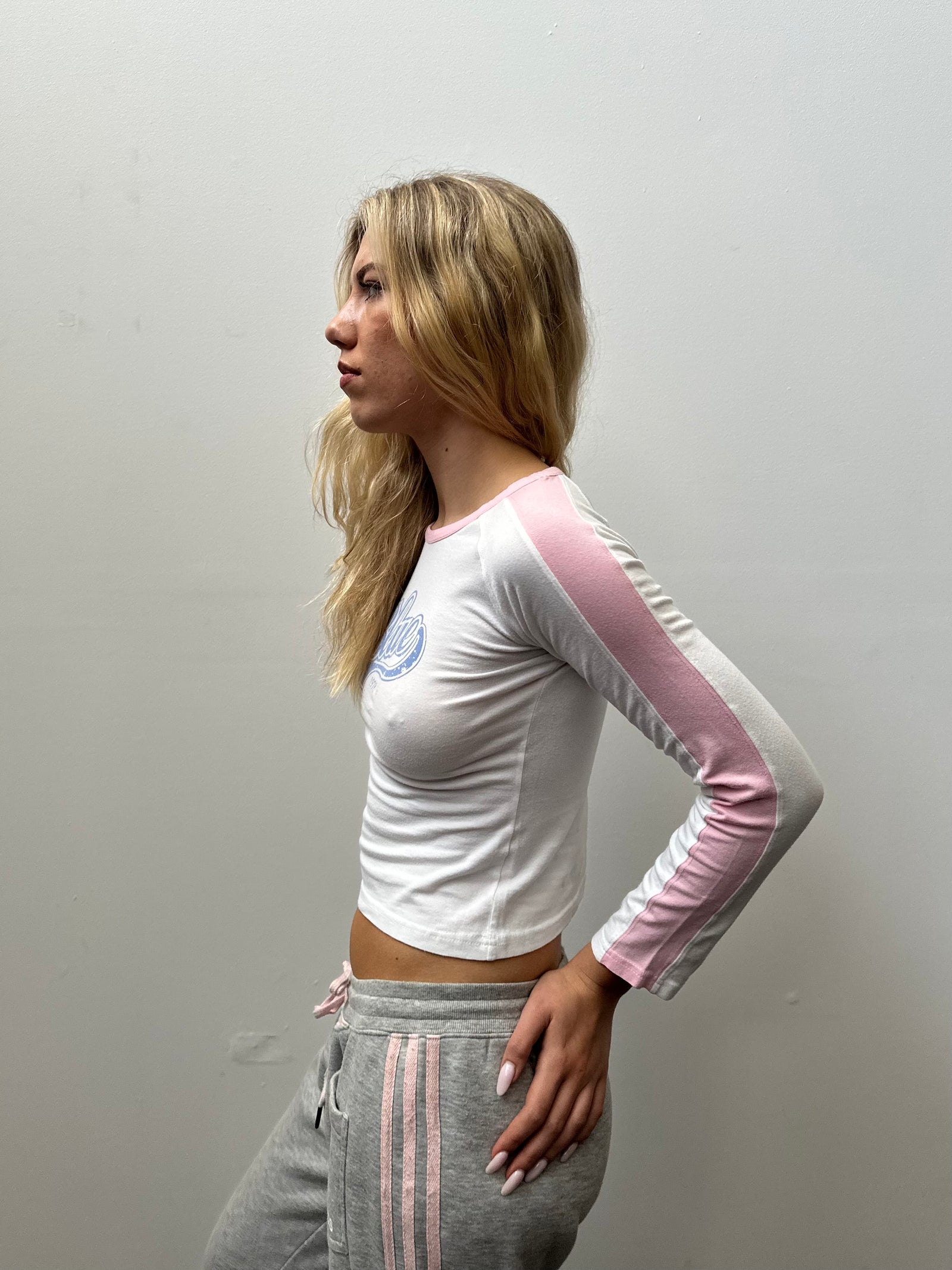 White & Baby Pink Graphic Long Sleeve - Size S