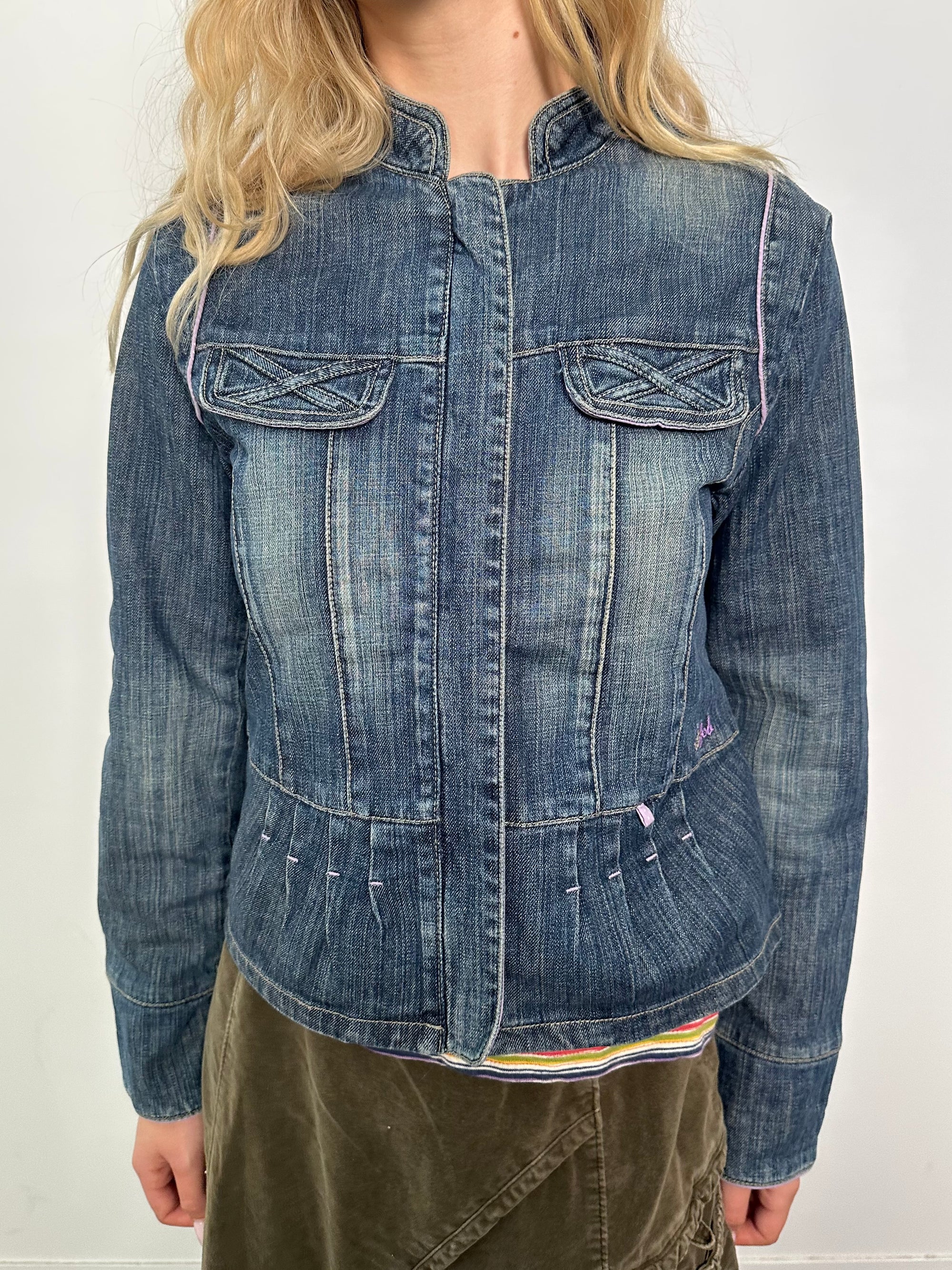 Mid Wash Detailed Construction Denim Jacket - Size M