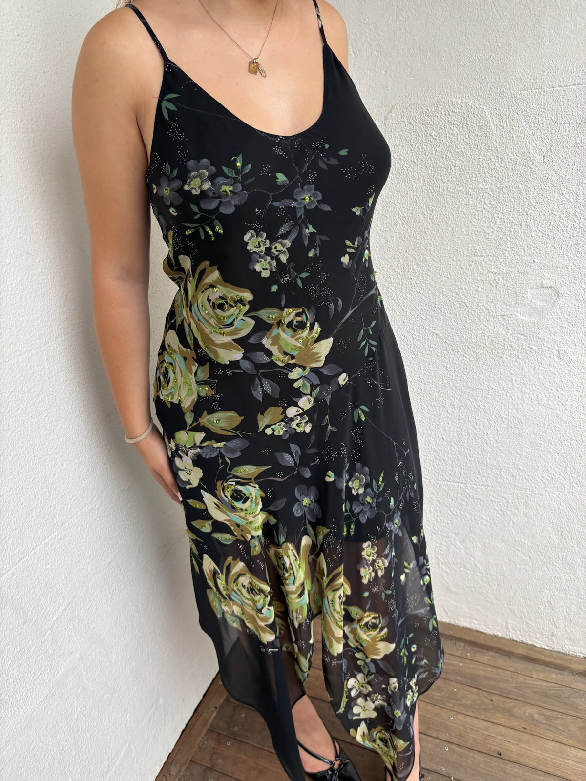 90s Black & Green Floral Maxi Dress - Size L