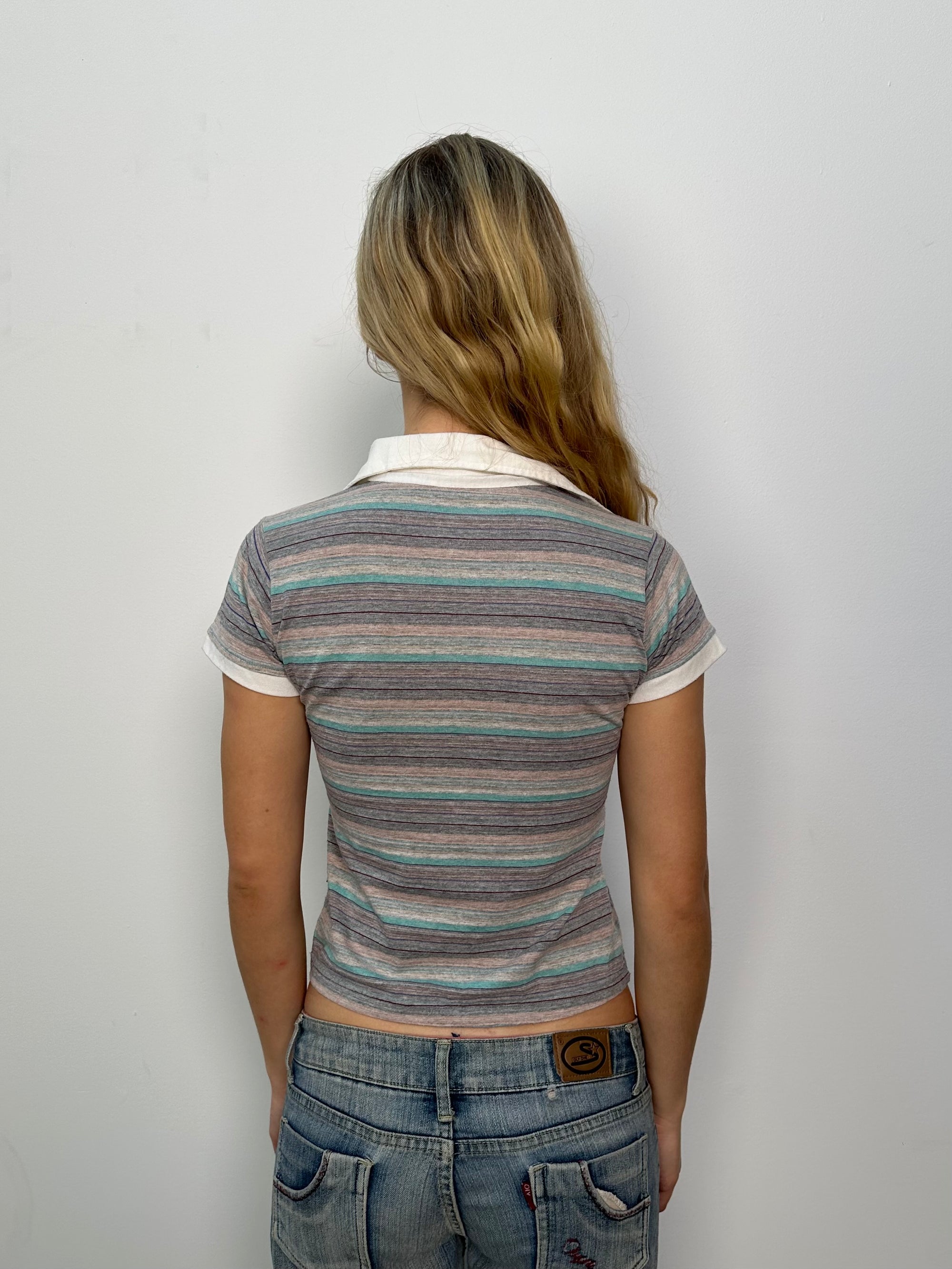 Grey & Blue Stripe Collared T-Shirt - Size S
