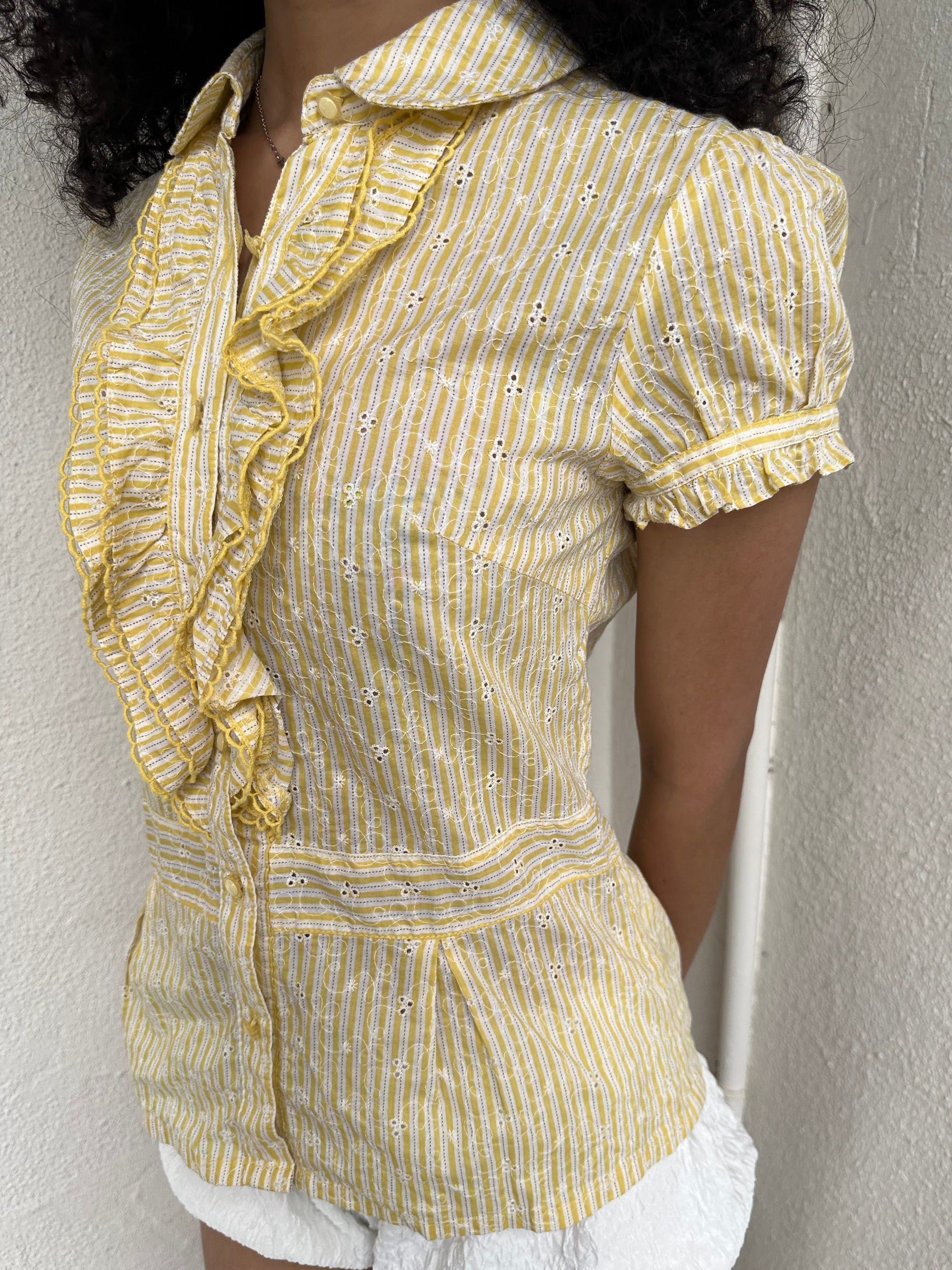 Pastel Yellow Stripe Frill Blouse - Size S