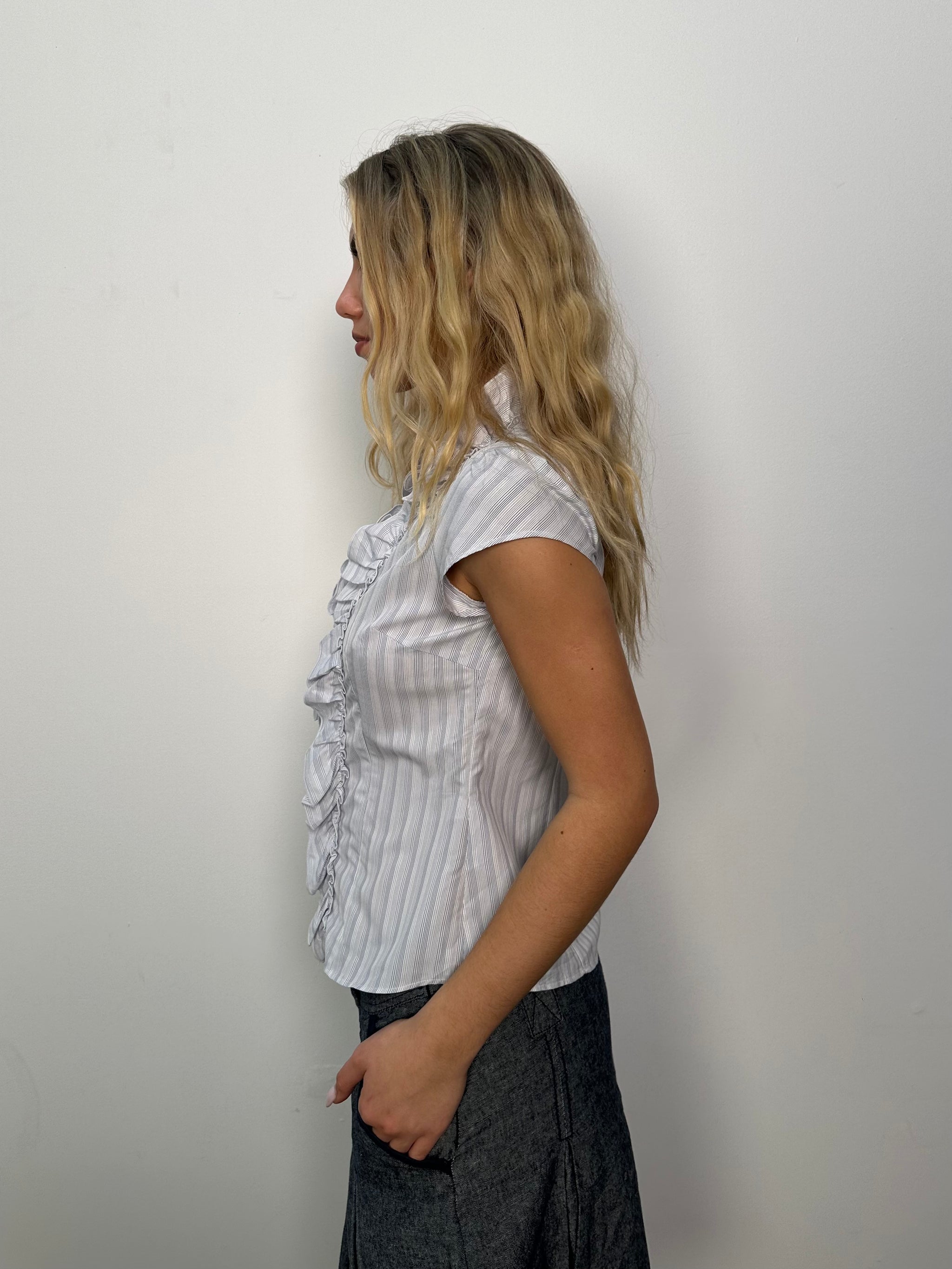 Baby Blue Stripe Ruffle Front Shirt - Size S