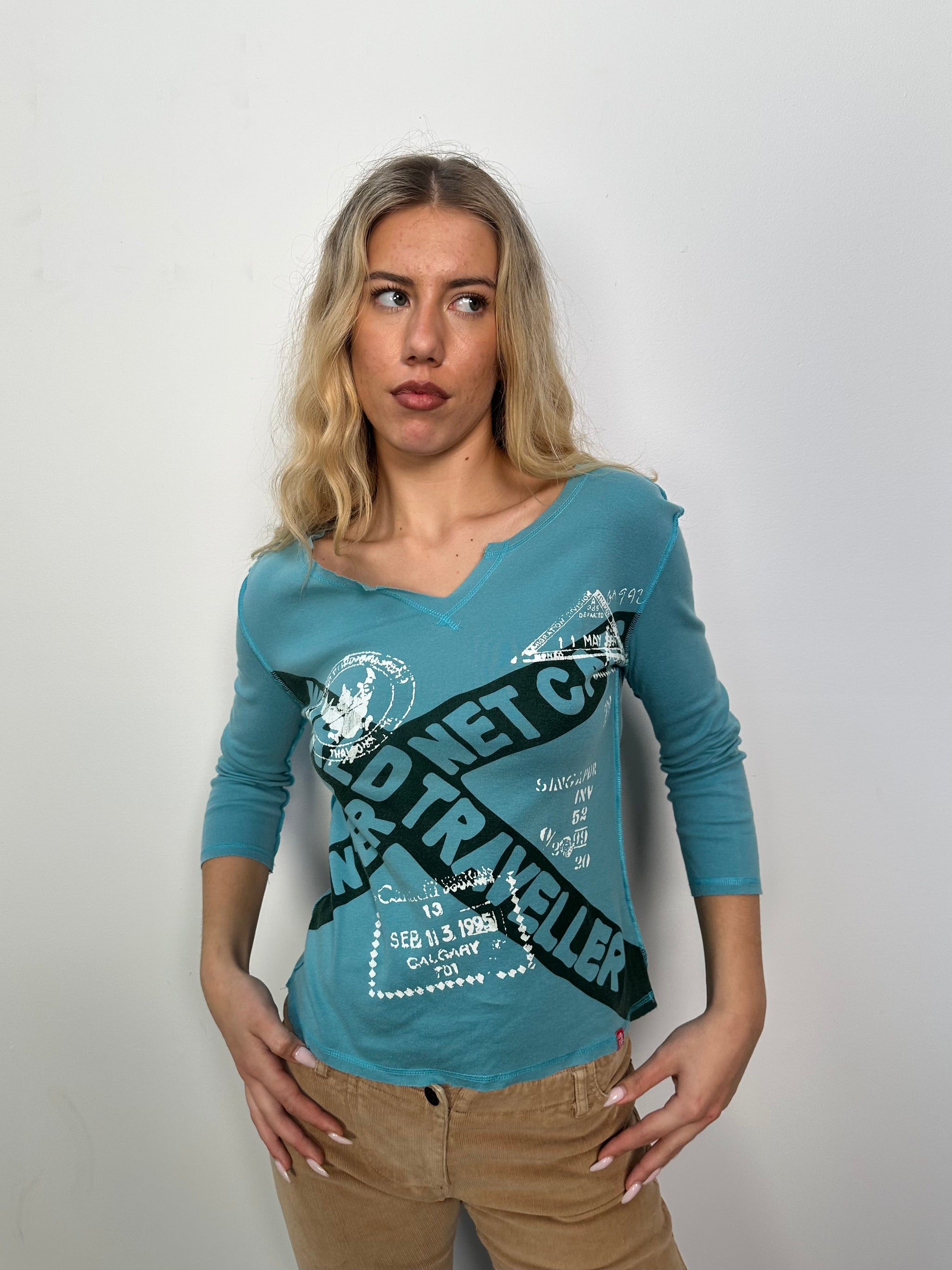 Mid Blue Graphic Print 3/4 Sleeve Top - Size M