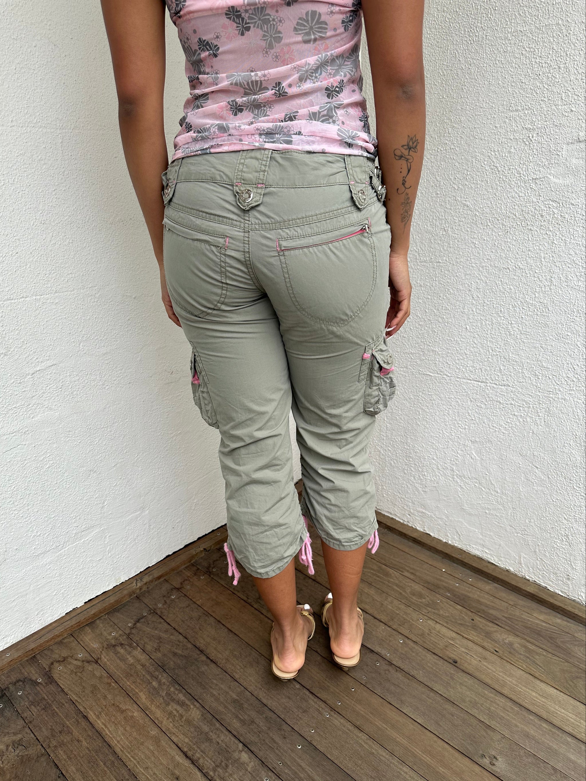 Khaki & Pink Cargo Capri Pants