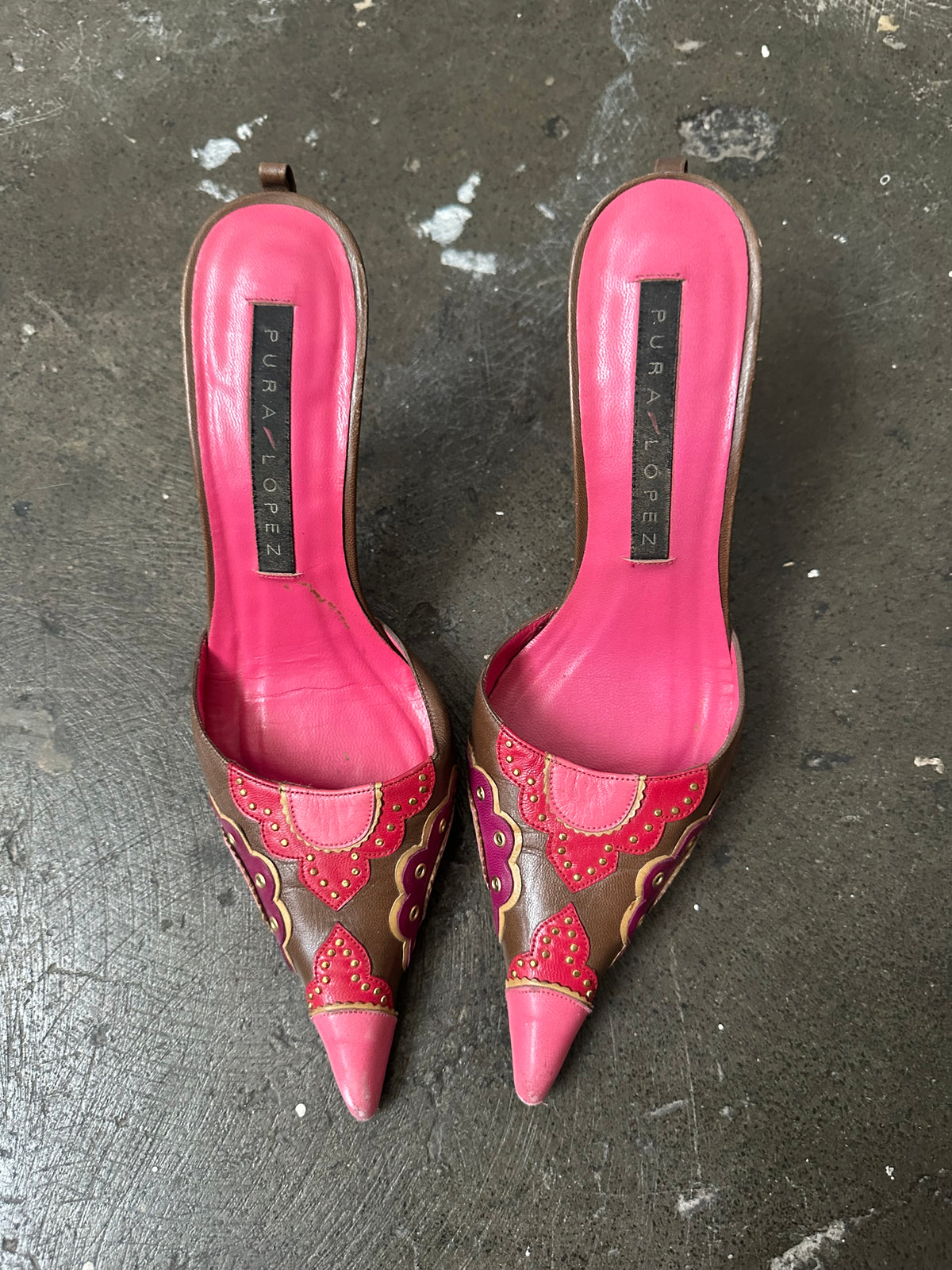 Pink & Brown Embossed Pattern Leather Kitten Heels - Size EU 36