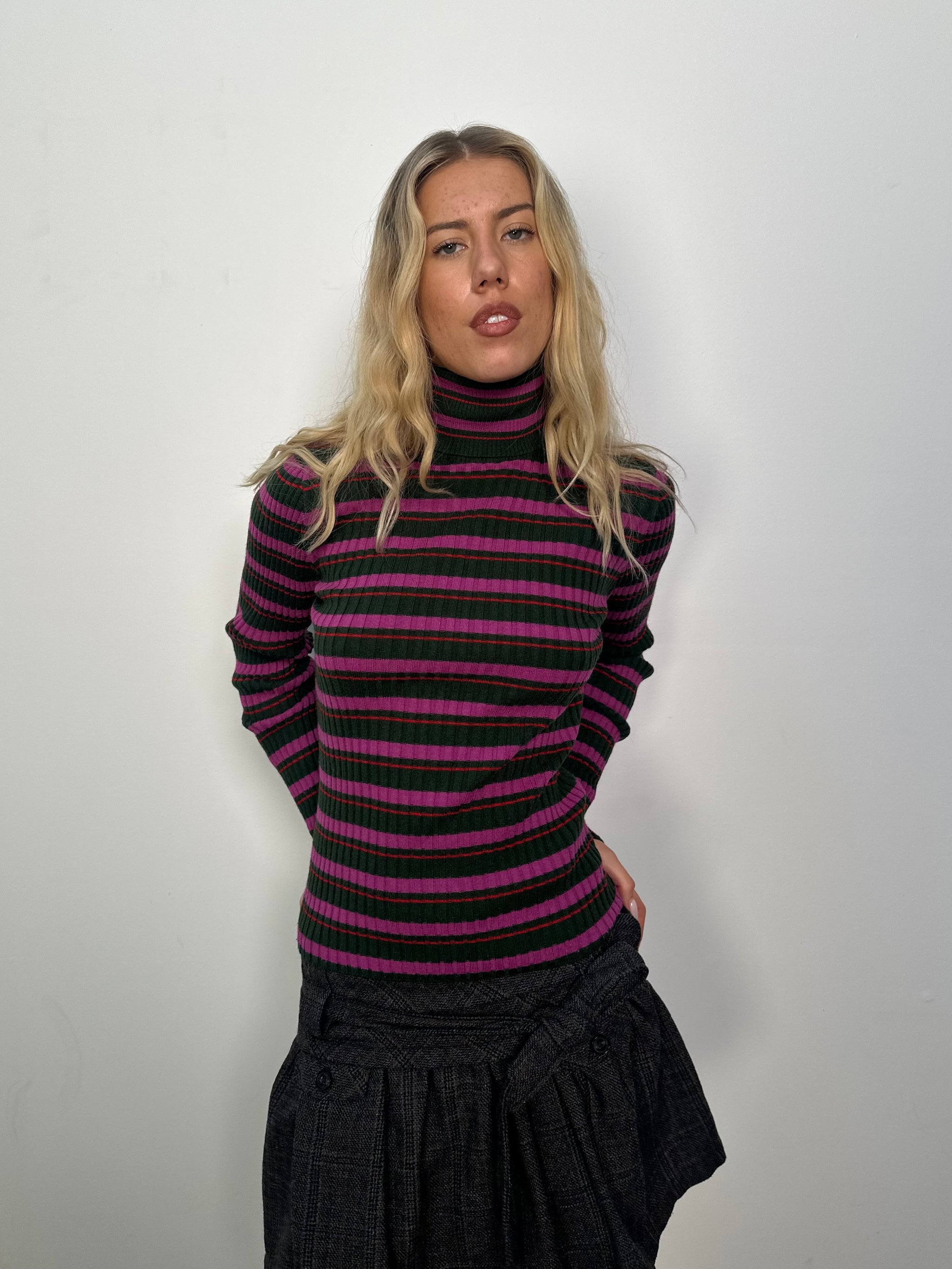 Pink & Khaki Stripe Ribbed Turtleneck - Size M