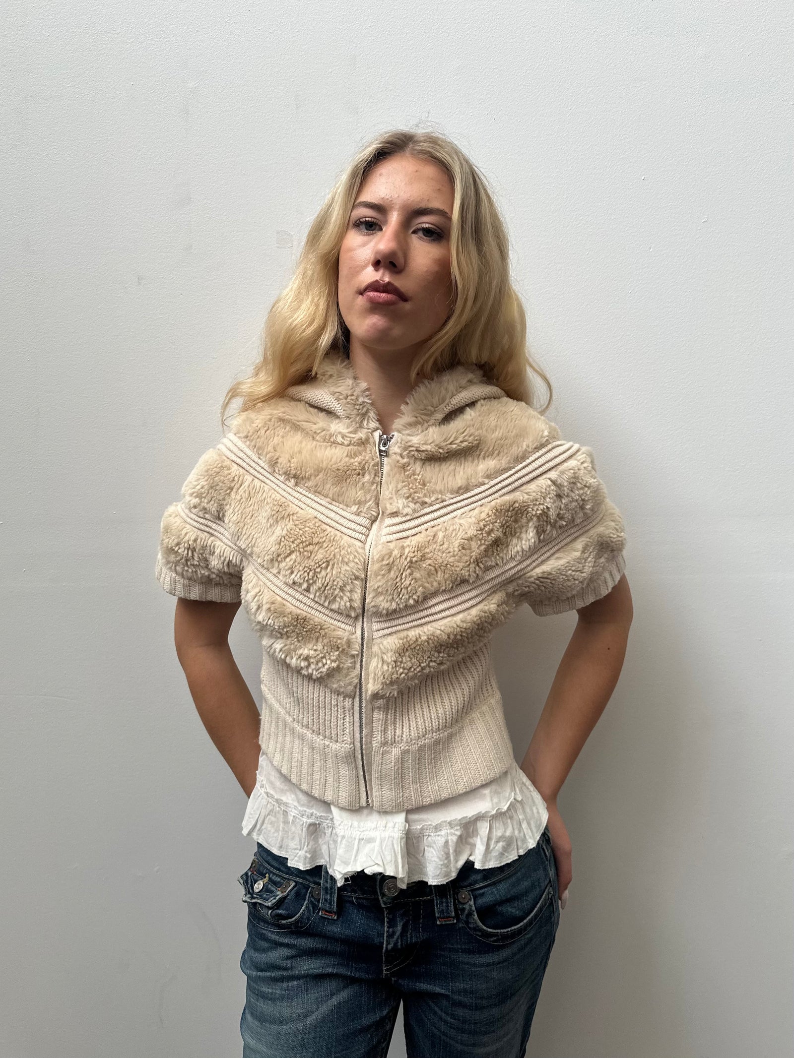 Cream Faux Fur Knitted Hoodie - Size S