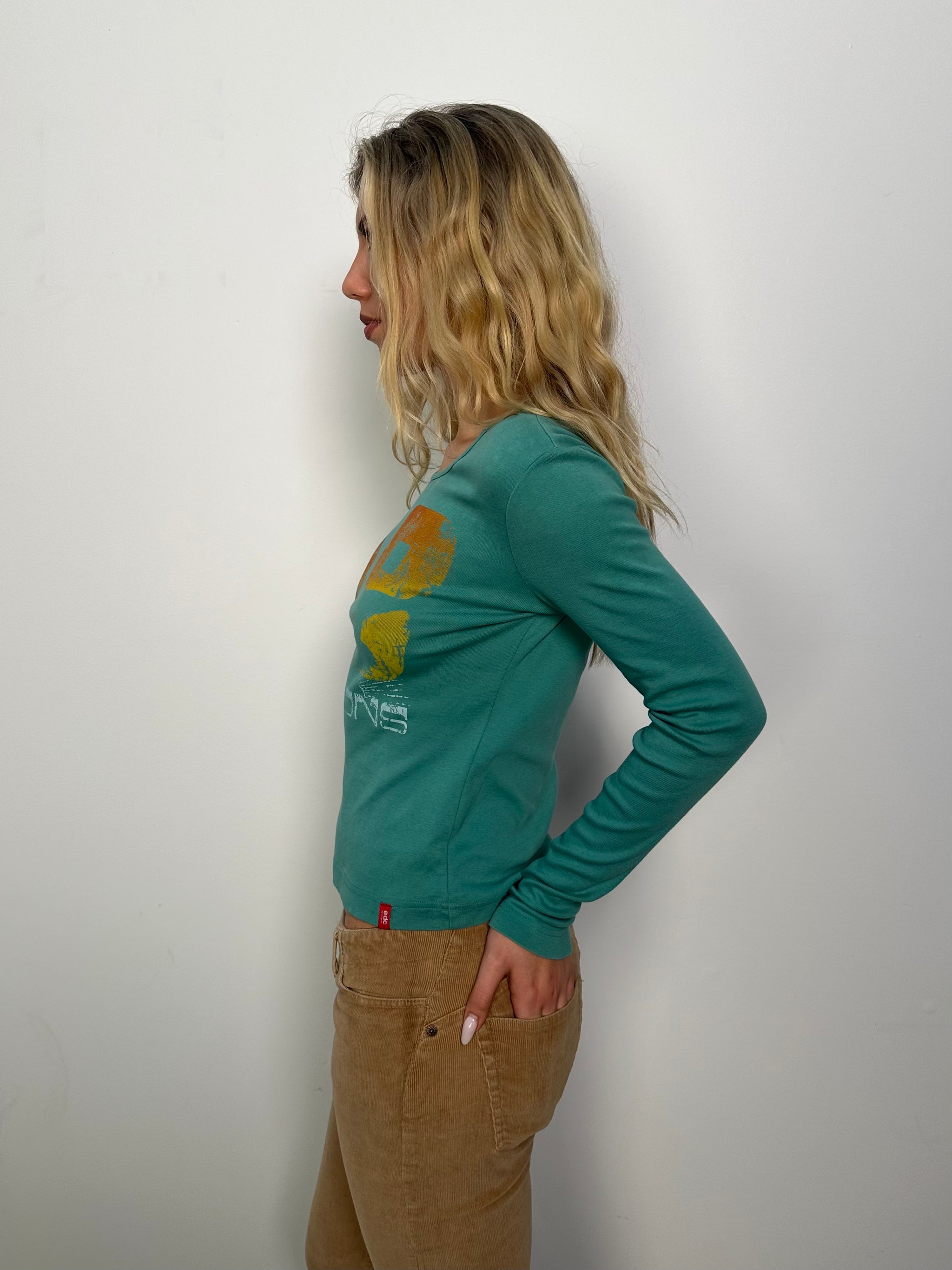 Turquoise Graphic Print Long Sleeve Top - Size M