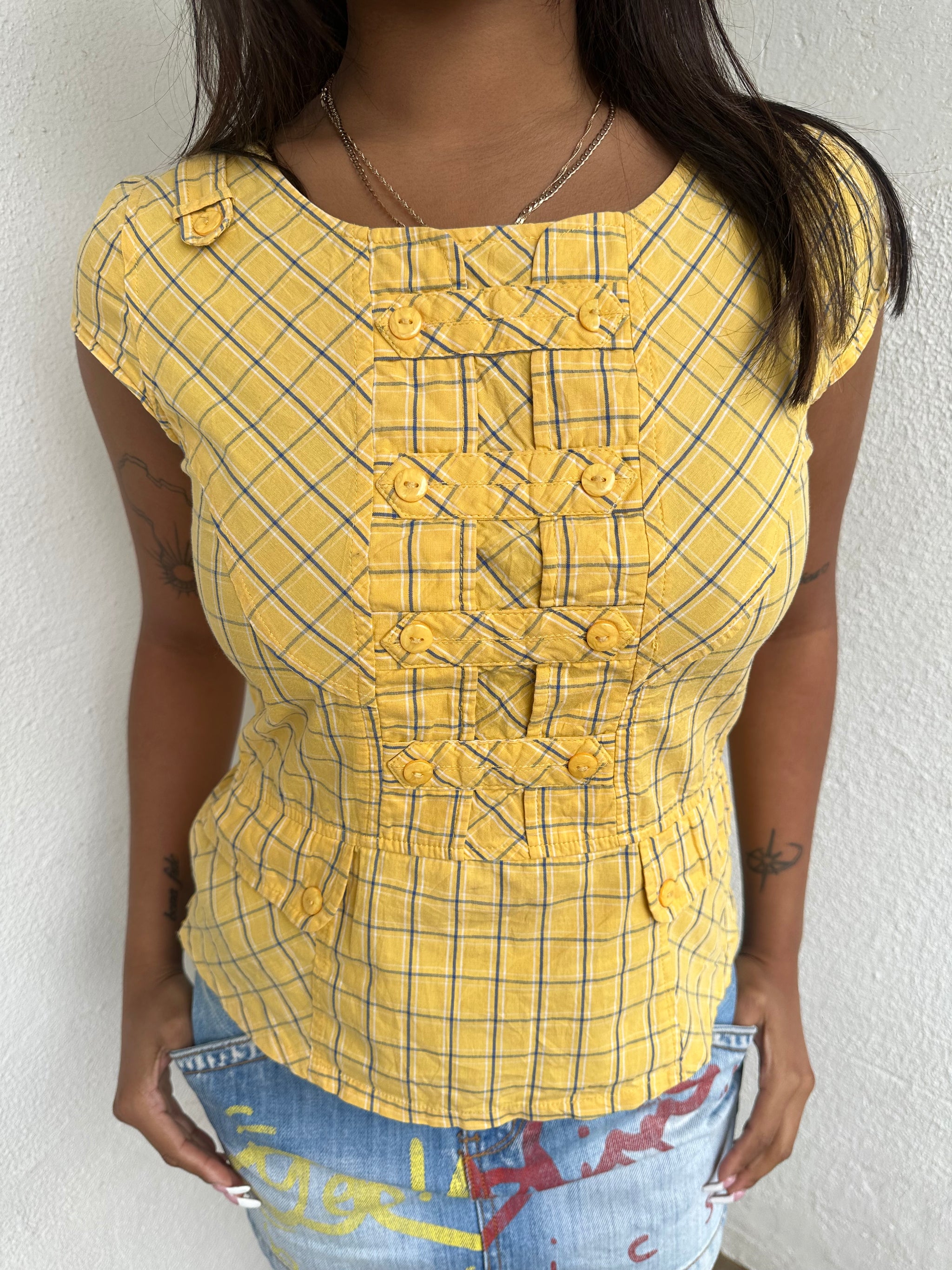 Yellow Check Button Detail Top