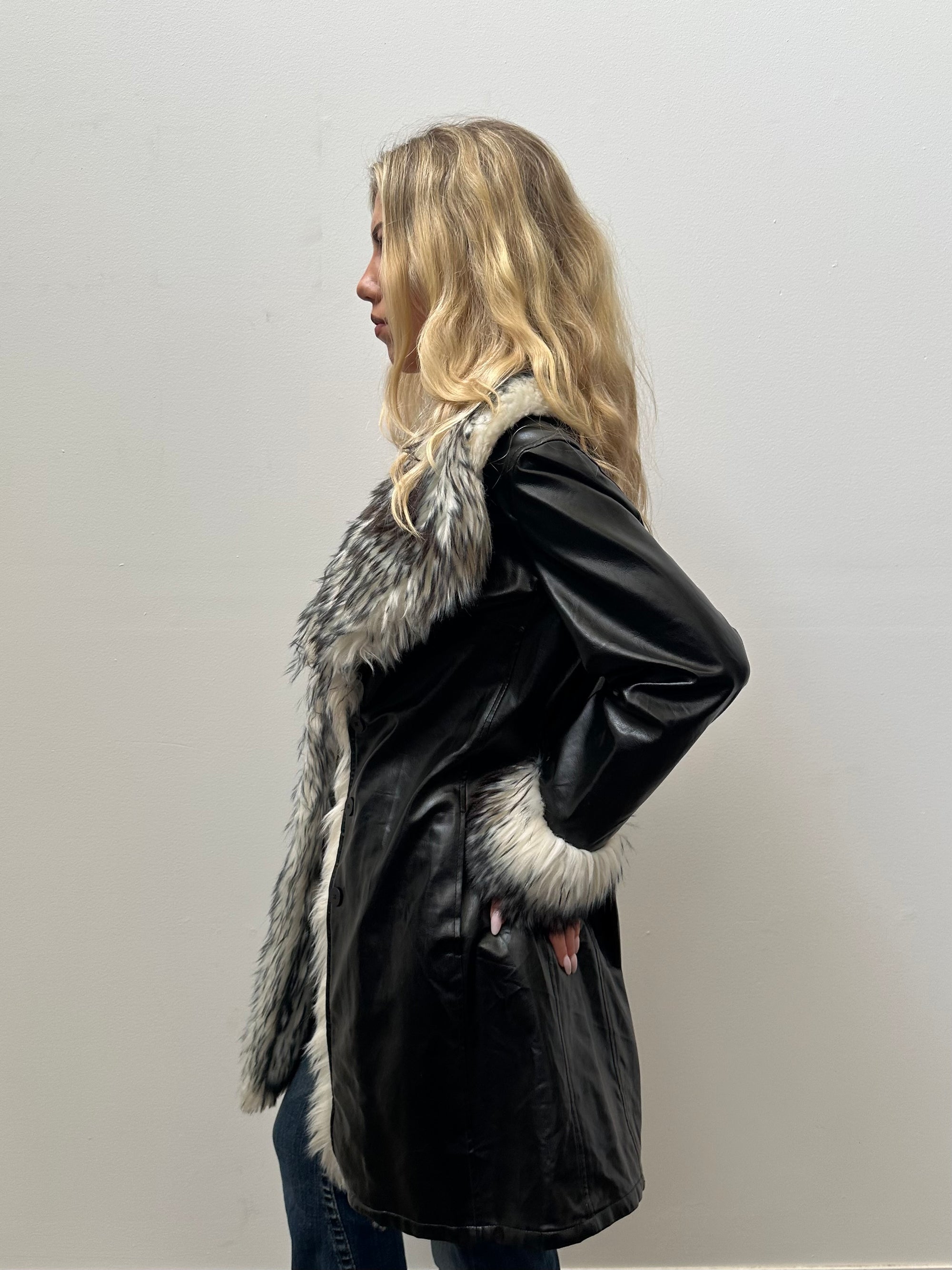 Black Pleather & White Faux Fur Coat - Size M