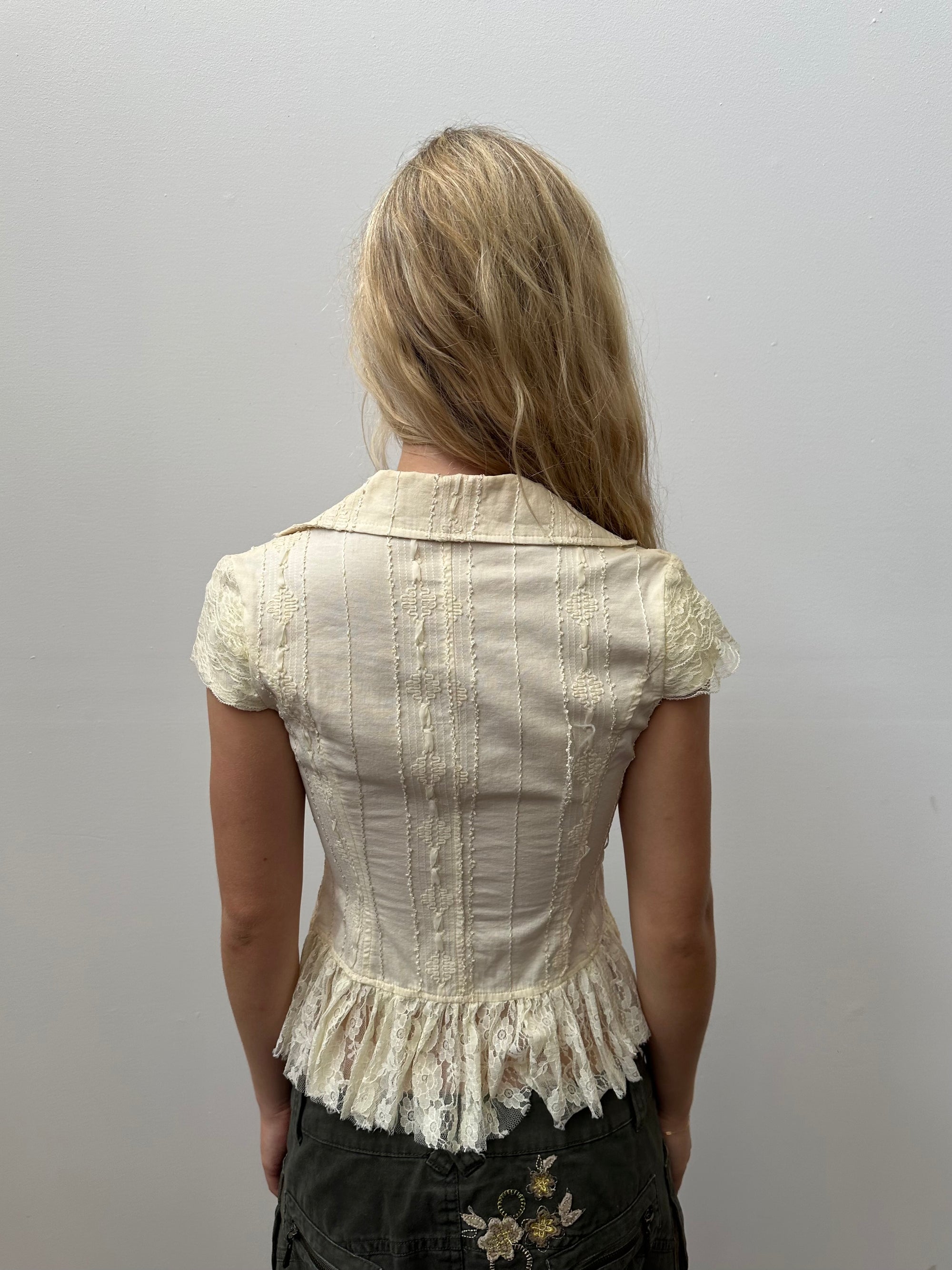 Cream Vneck Lace Peplum Shirt - Size S