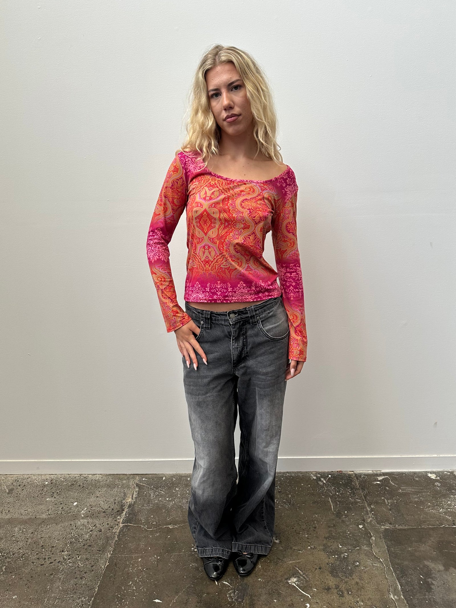 Orange & Pink Paisley Long Sleeve Top - Size M