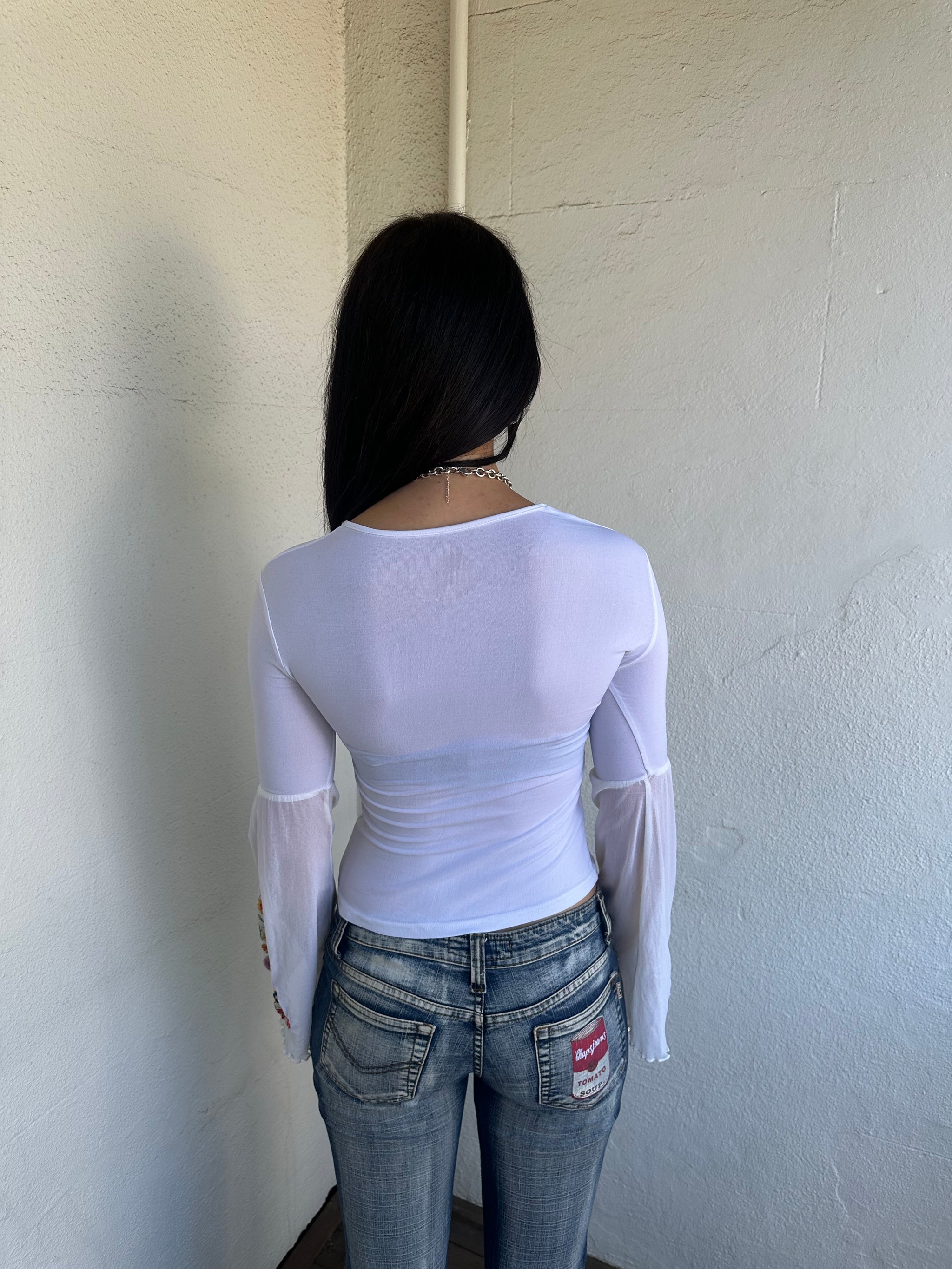 Boho White Embroidered Long Sleeve Top - Size M