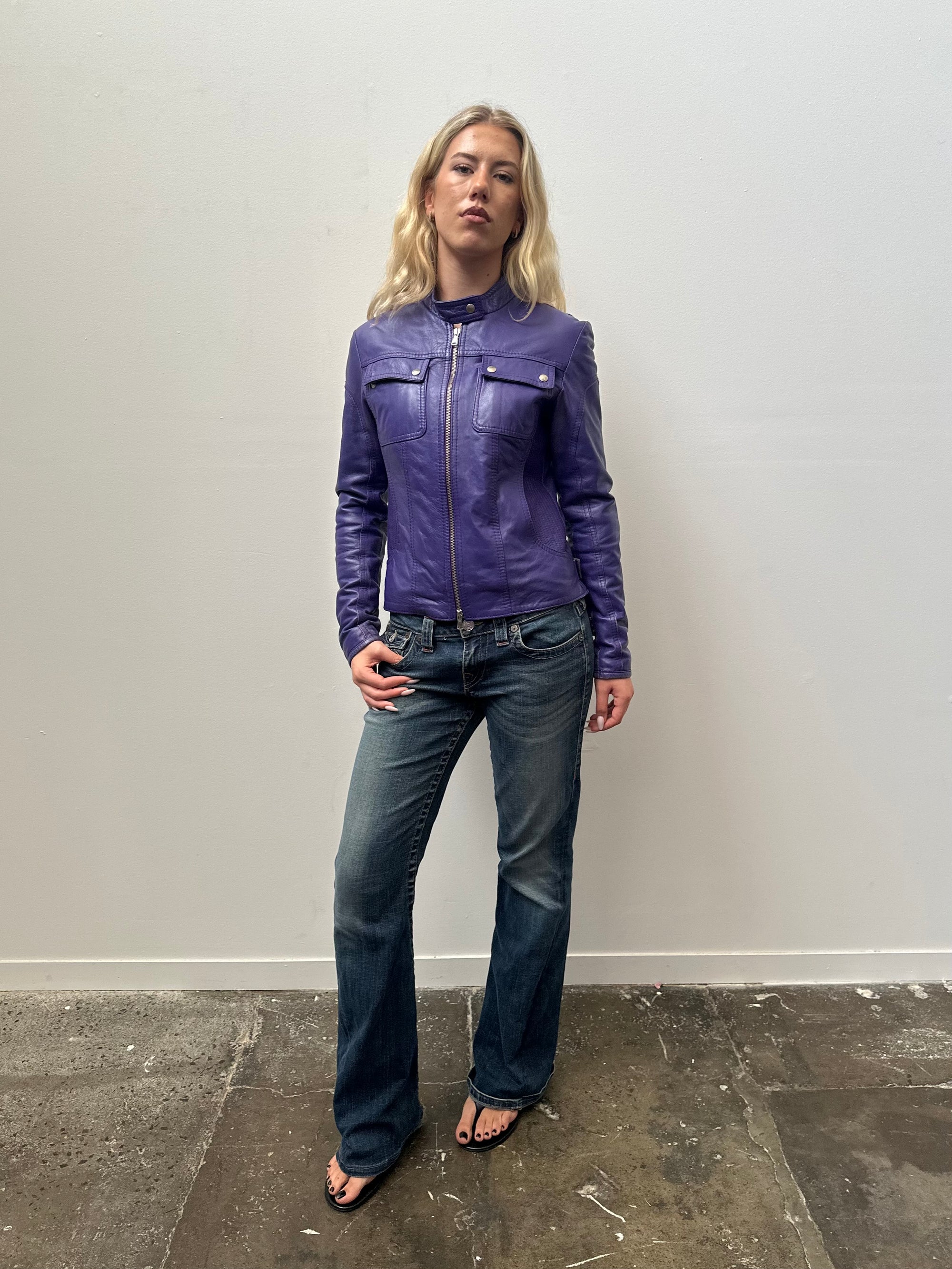 Purple Leather Biker Jacket - Size M