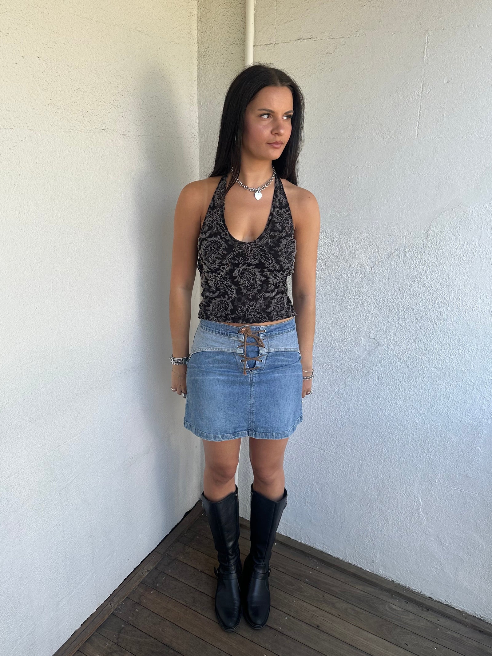 Black Paisley Print Halter Top - Size S
