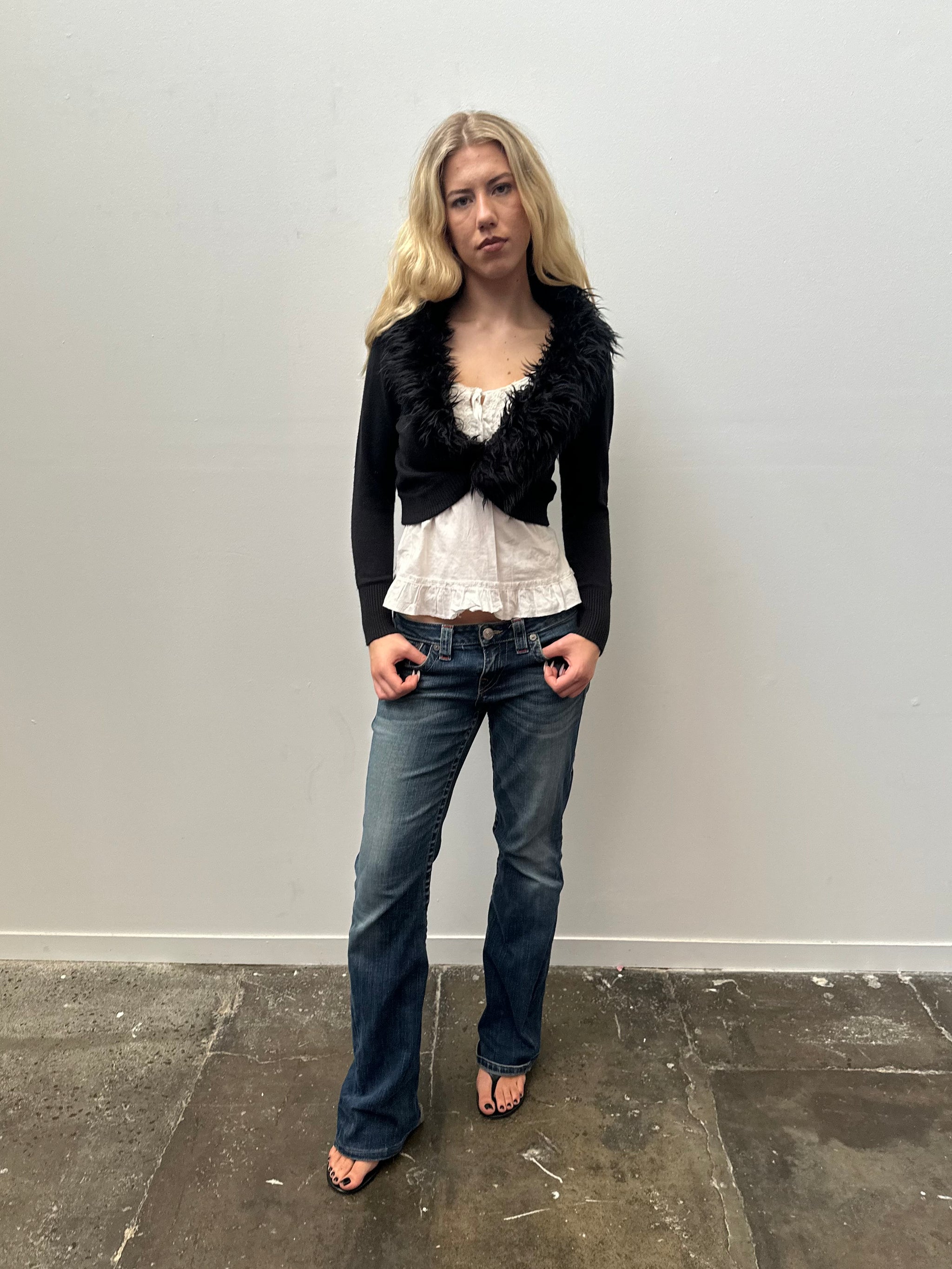 Black Faux Fur Collar Bolero Cardigan - Size S