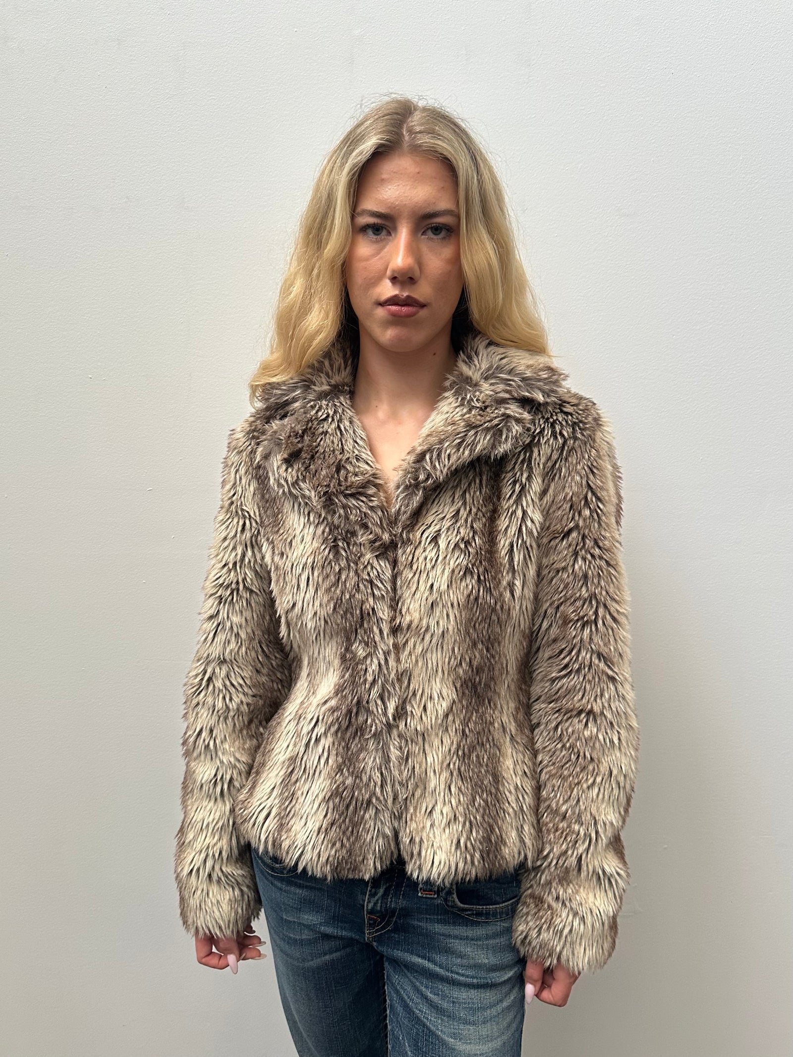 Tipped Brown & Grey Faux Fur Jacket - Size M