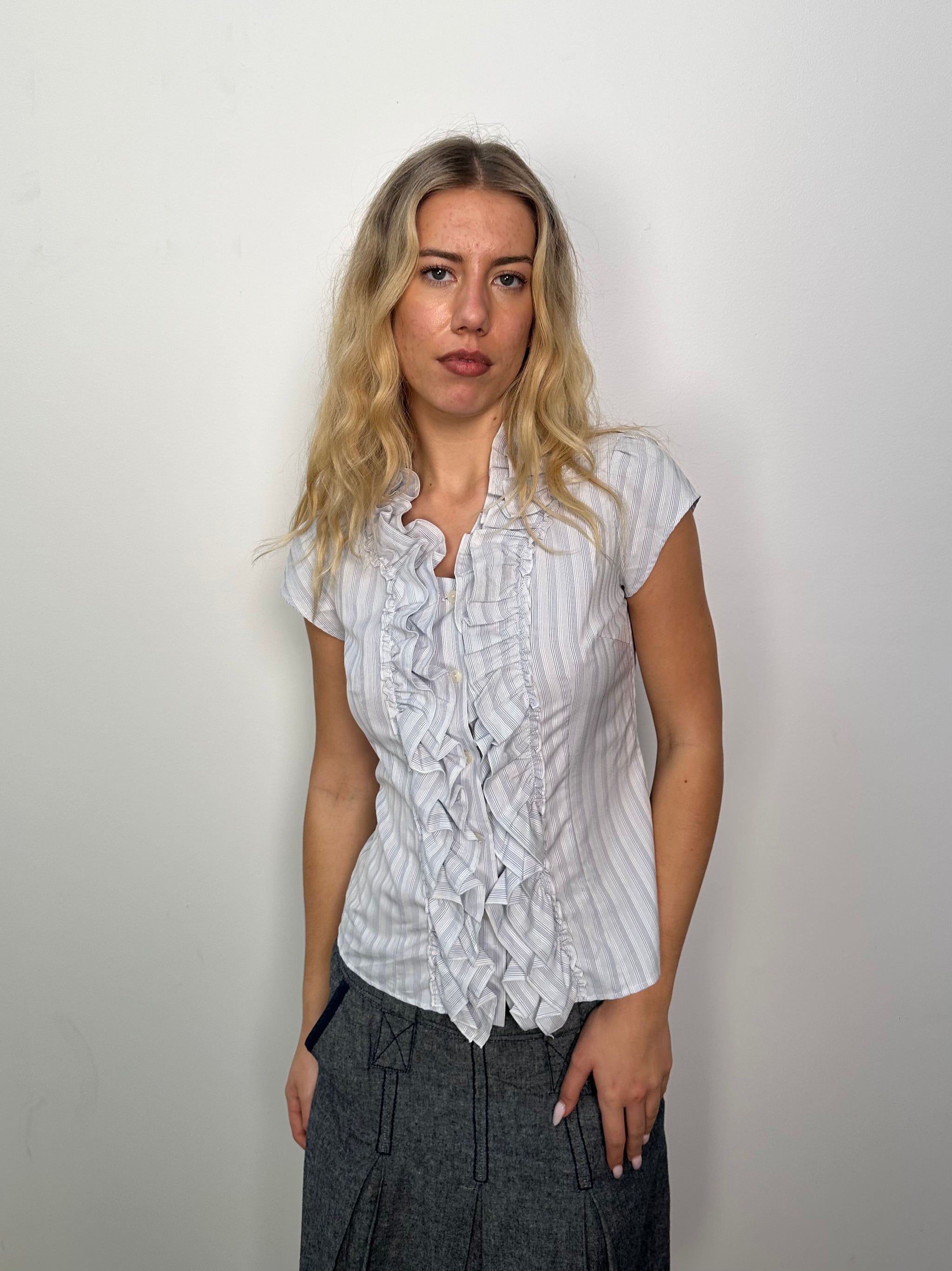 Baby Blue Stripe Ruffle Front Shirt - Size S