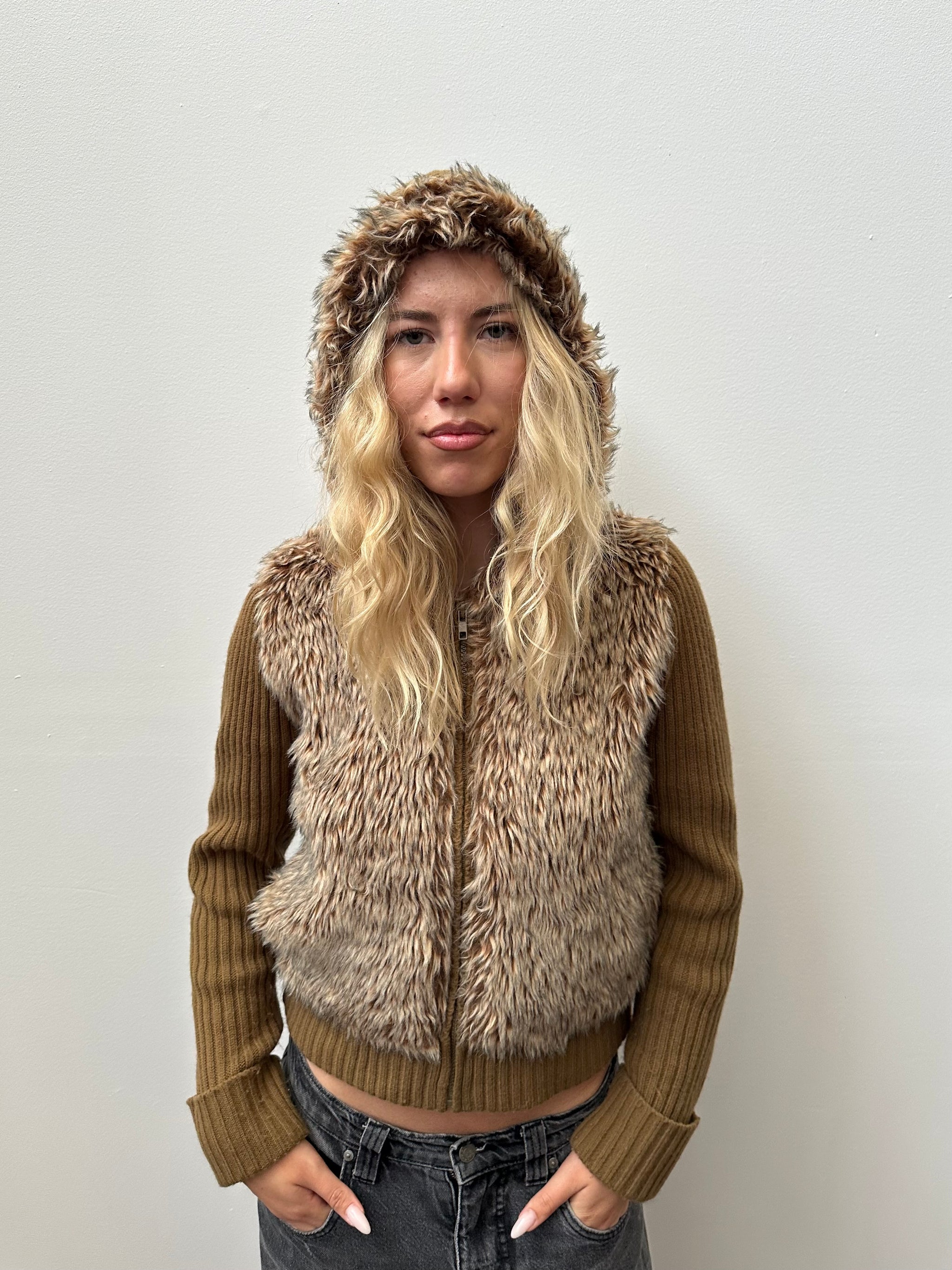 Light Brown Faux Fur Ribbed Hoodie - Size S/M