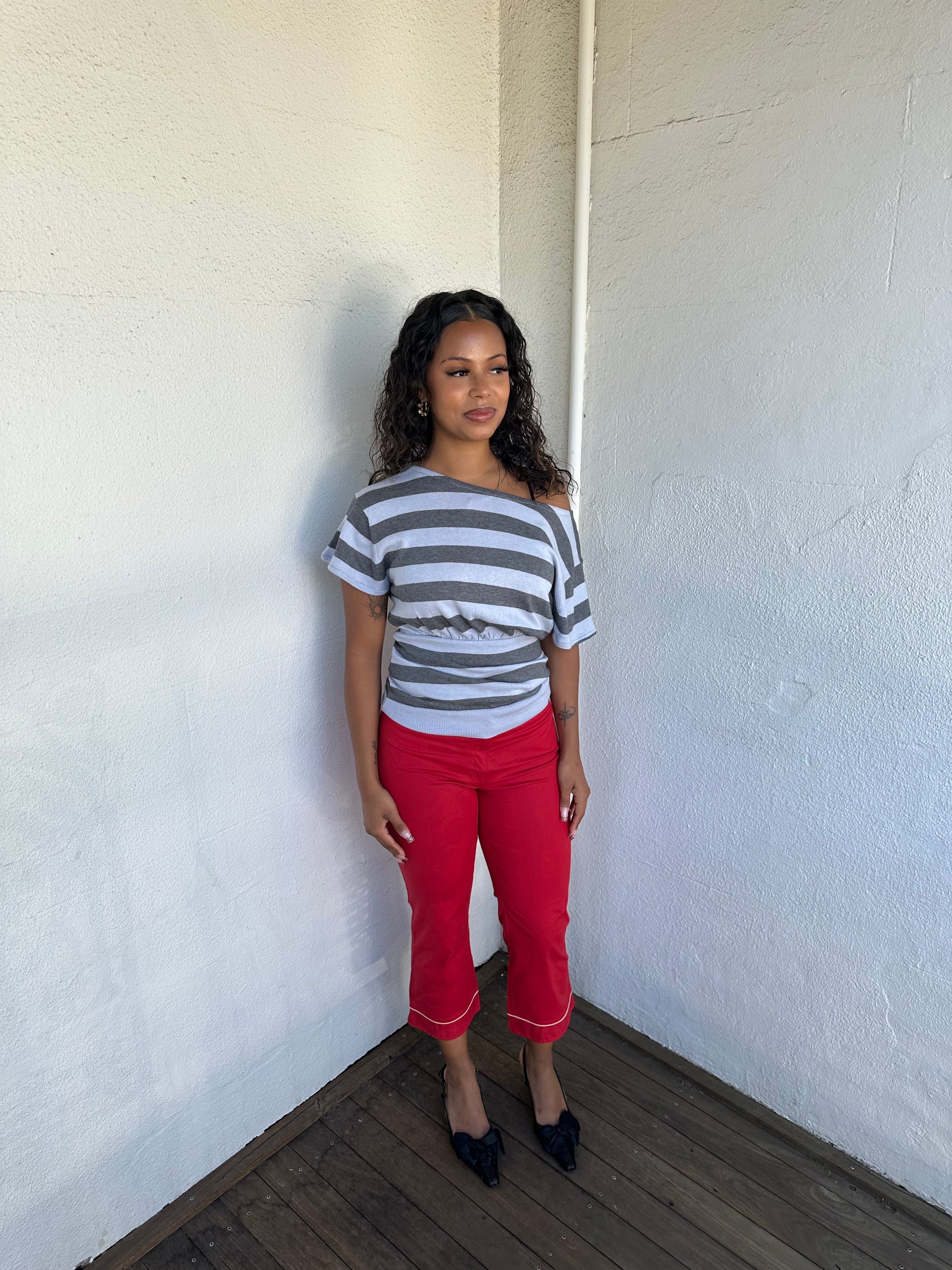 Grey Stripe Off Shoulder Knit Top - Size S