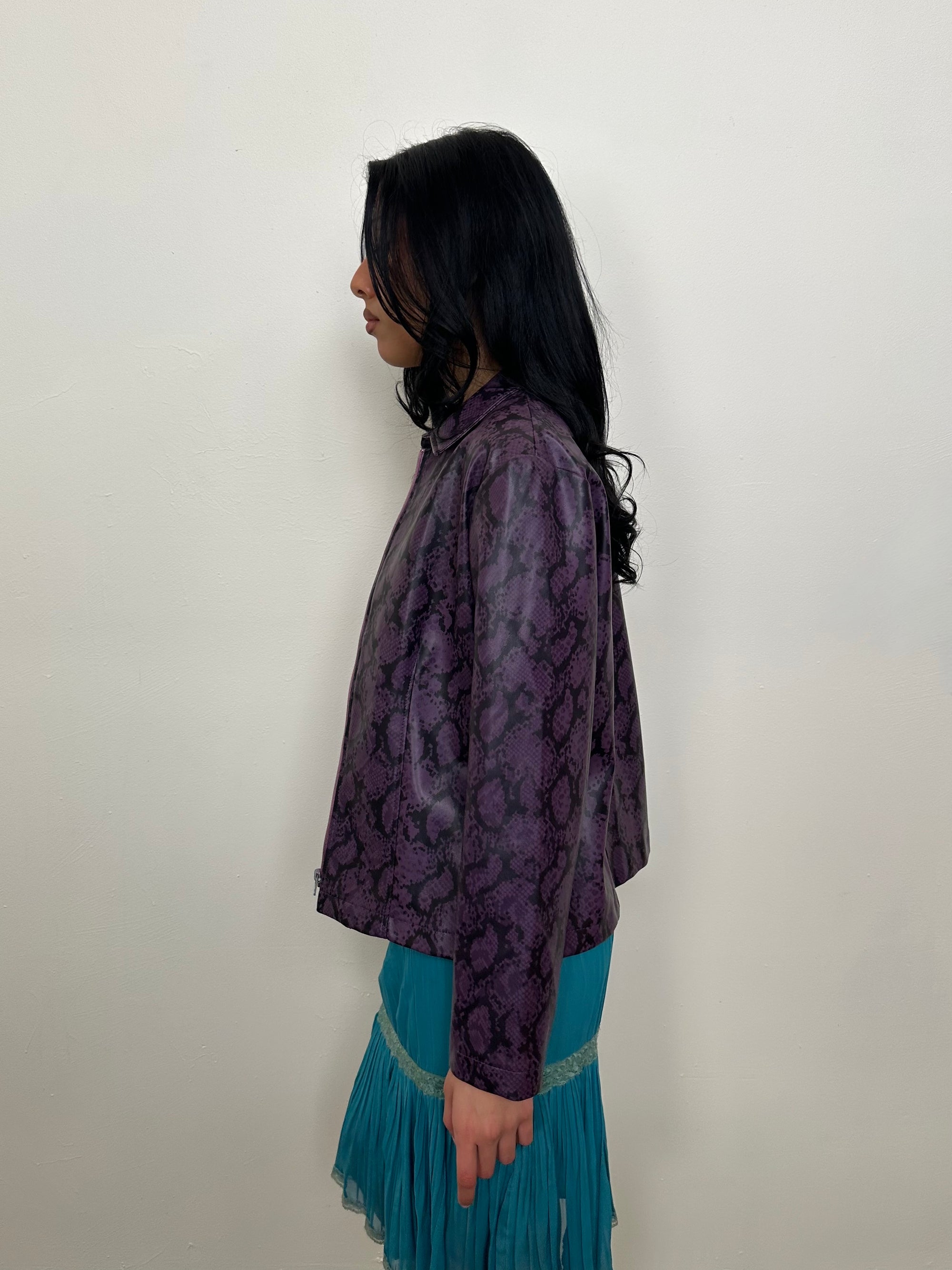 Deep Purple Snake Print Faux Leather Jacket - Size M