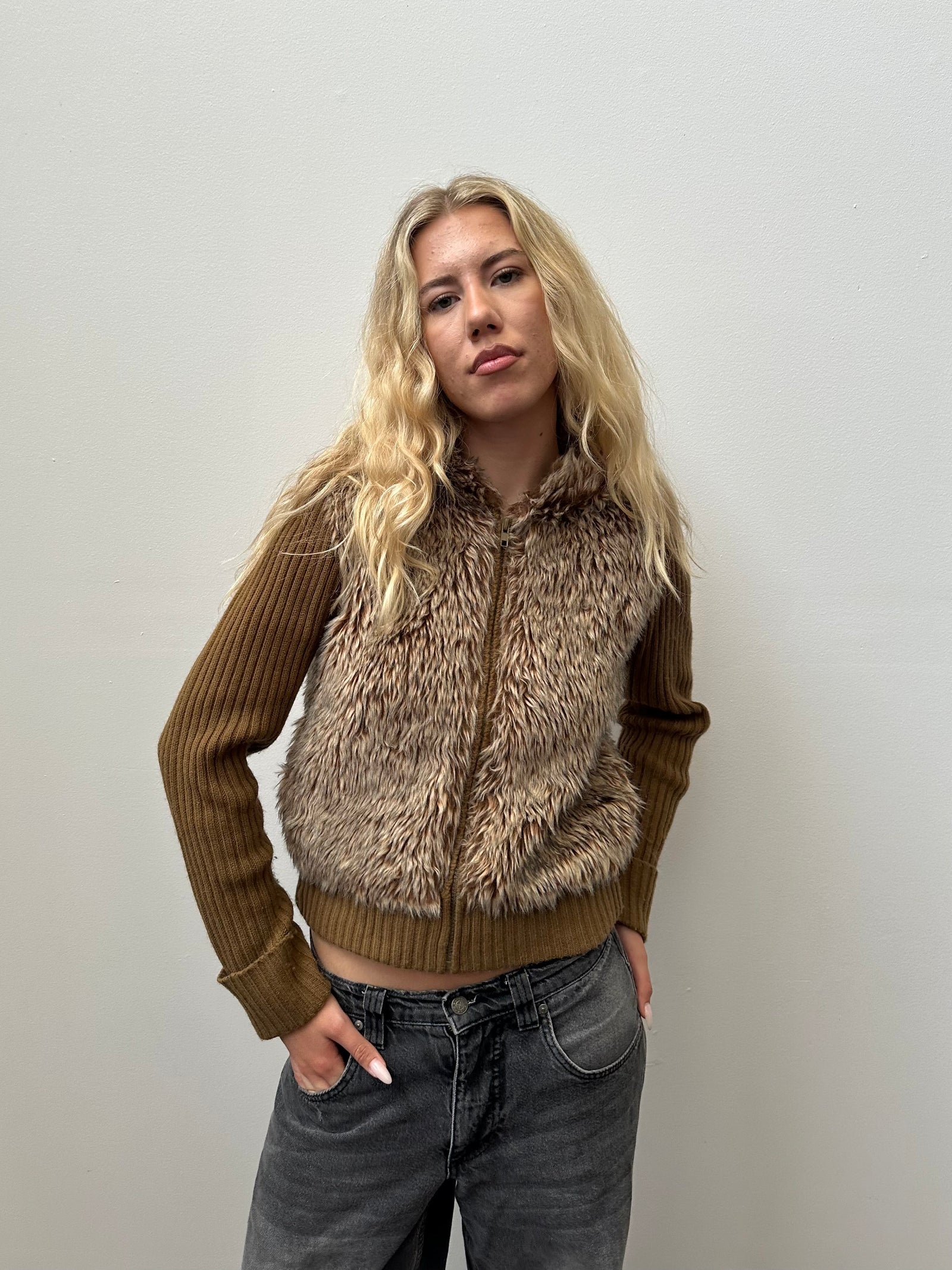 Light Brown Faux Fur Ribbed Hoodie - Size S/M