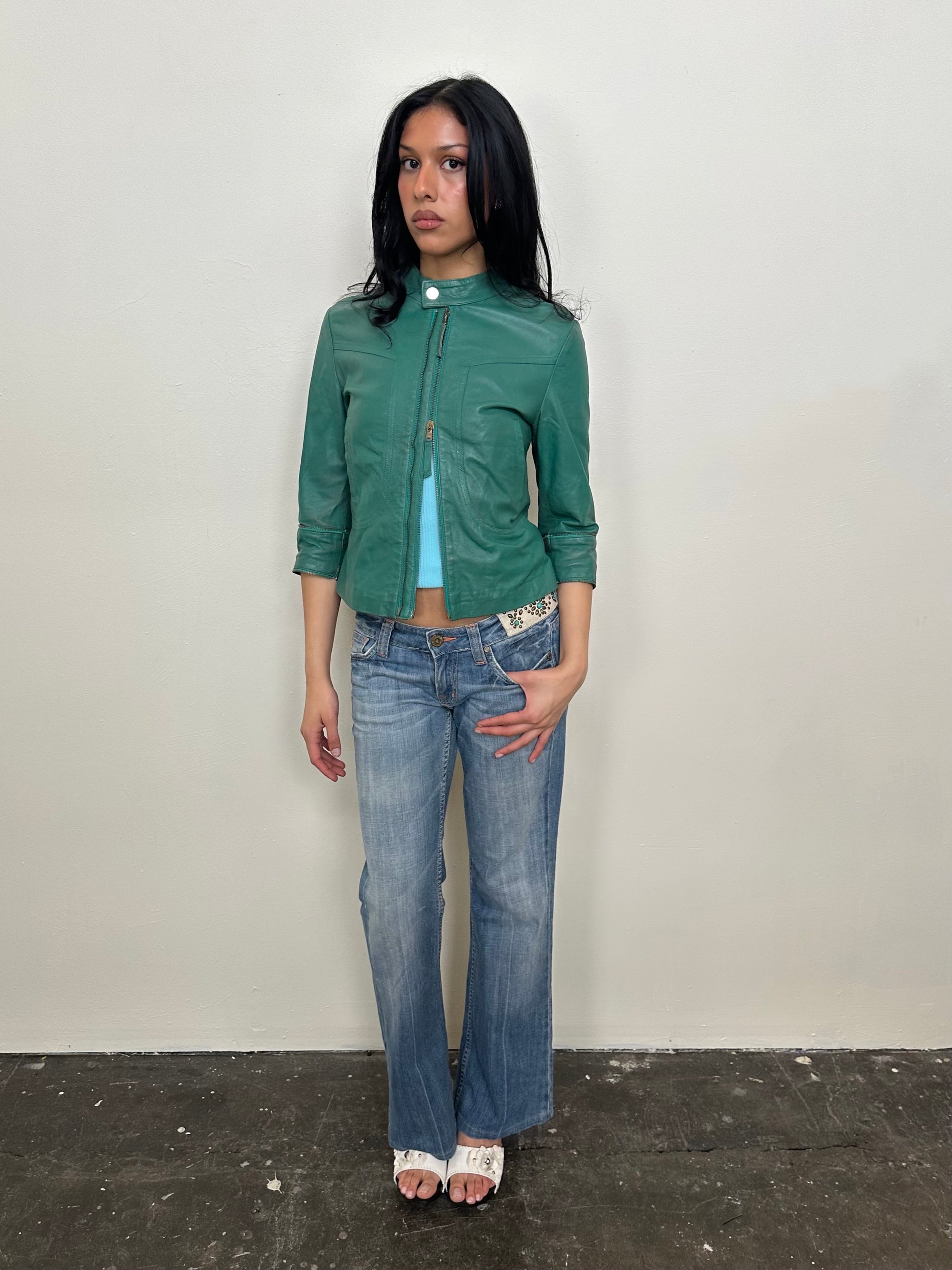 Teal 3/4 Sleeve Leather Moto Jacket - Size S