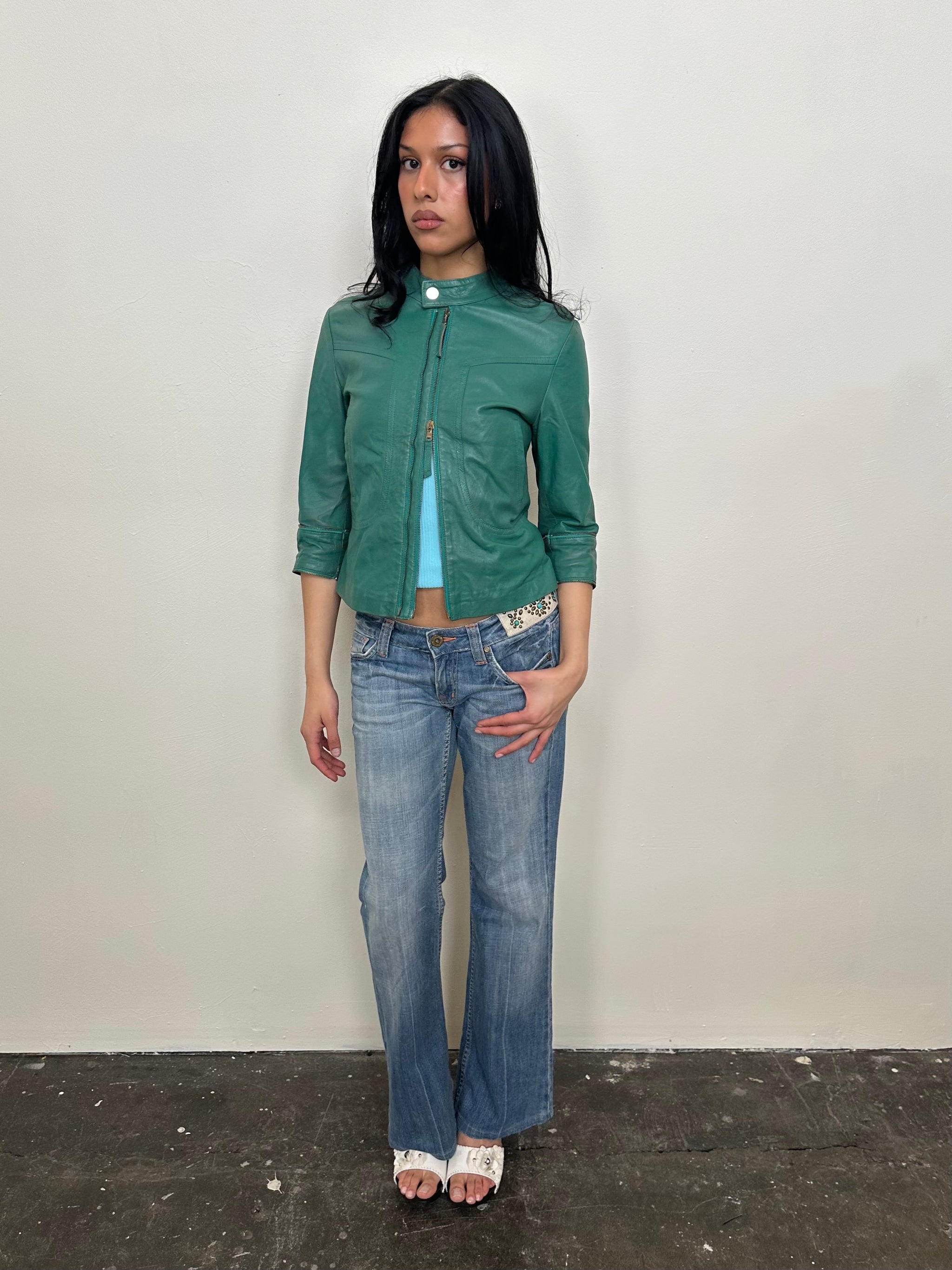 Teal 3/4 Sleeve Leather Moto Jacket - Size S