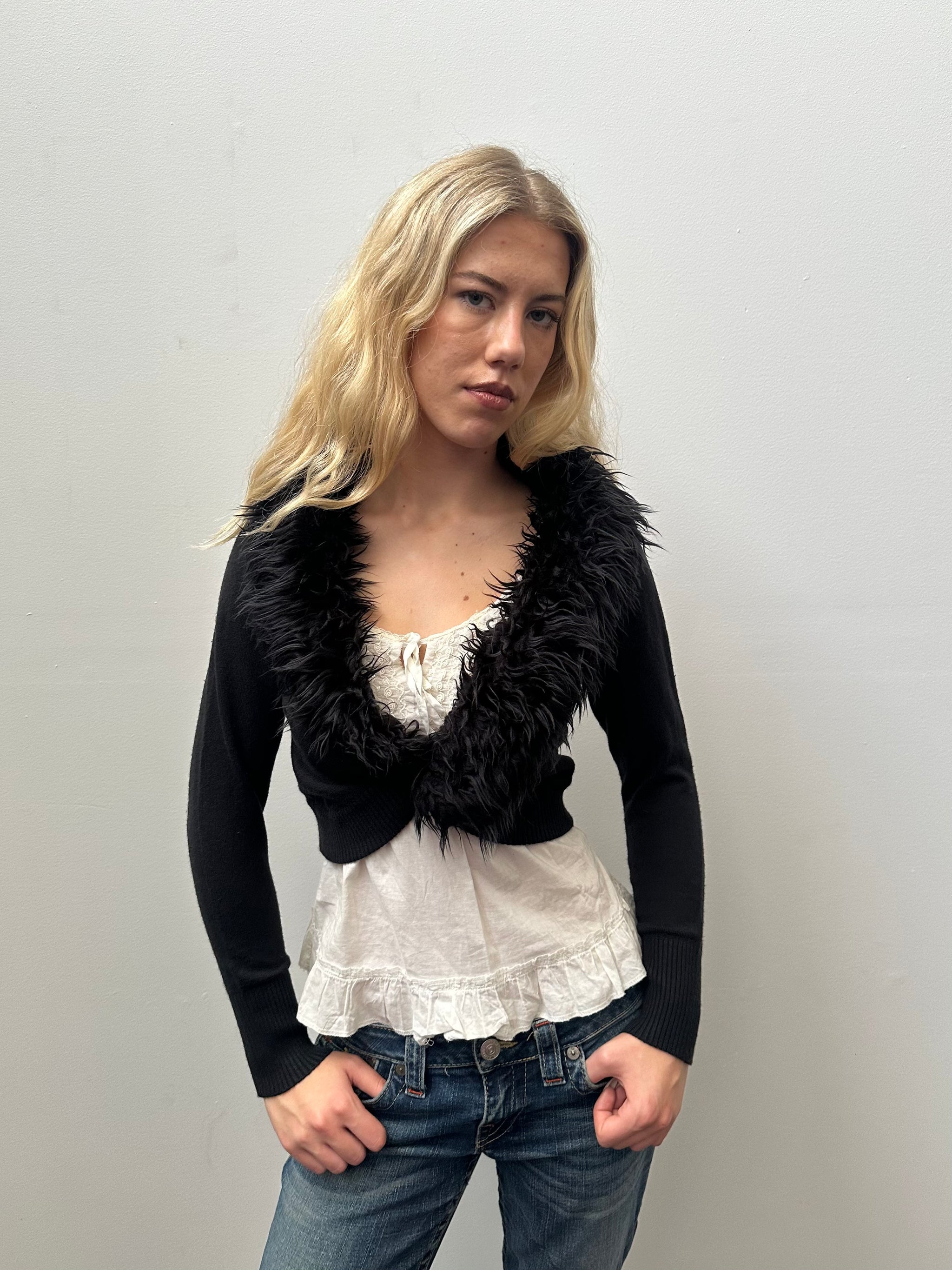 Black Faux Fur Collar Bolero Cardigan - Size S