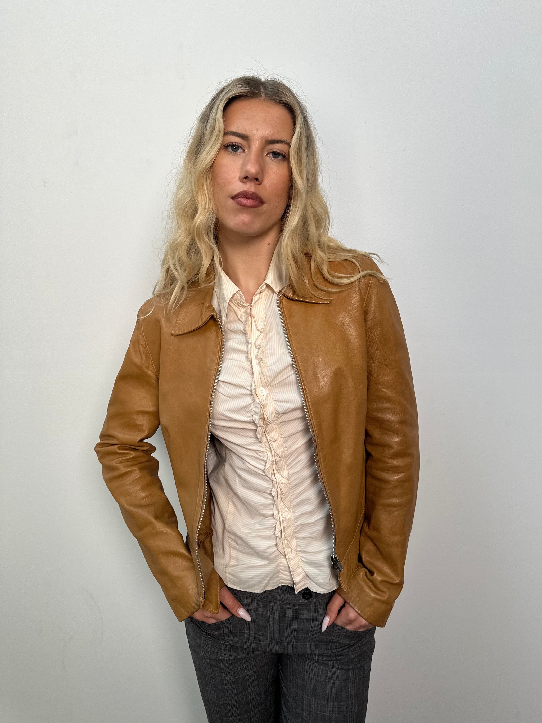 Tan Double Zip Leather Jacket - Size S